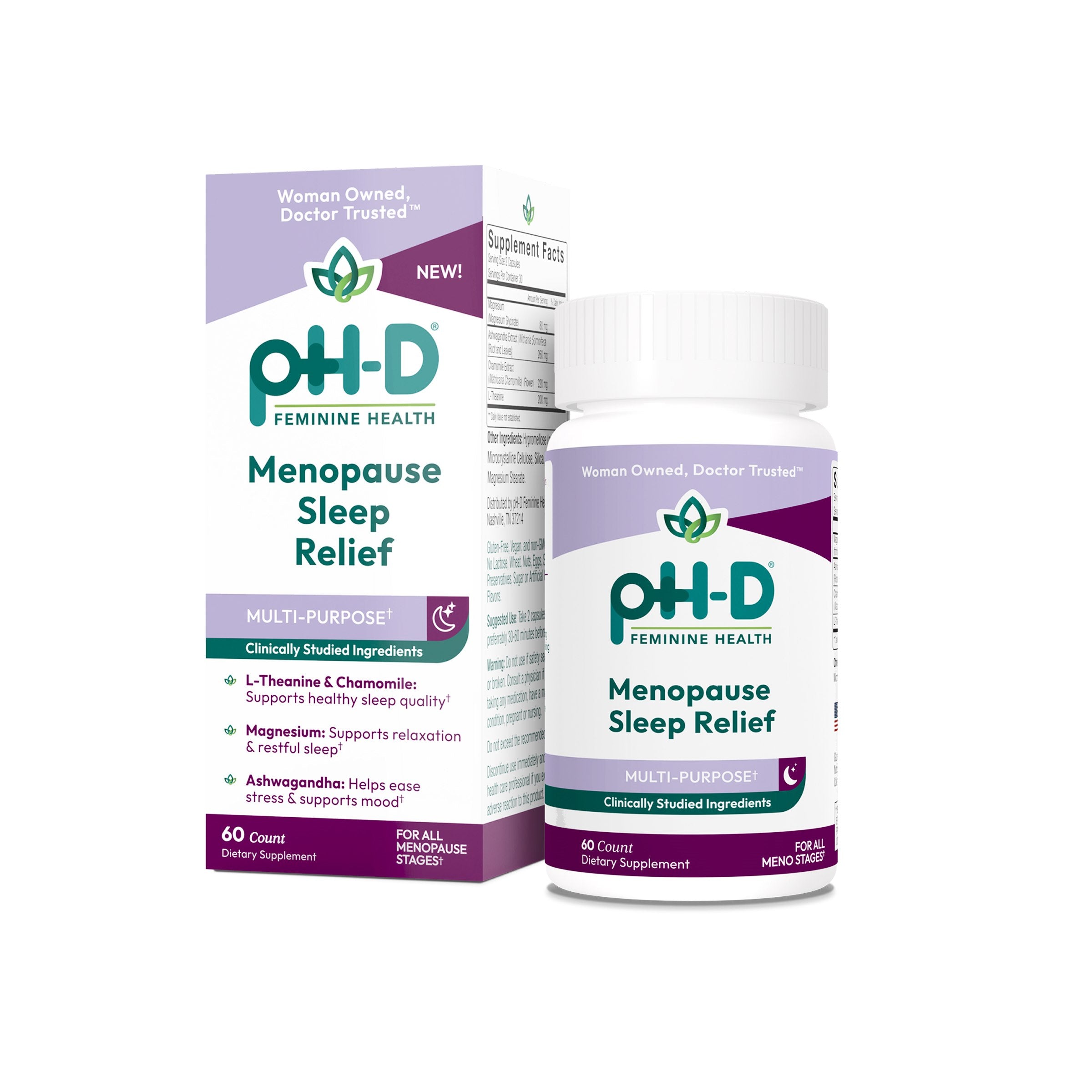 PH-D Menopause Sleep Relief supplement bottle and packaging on a white background