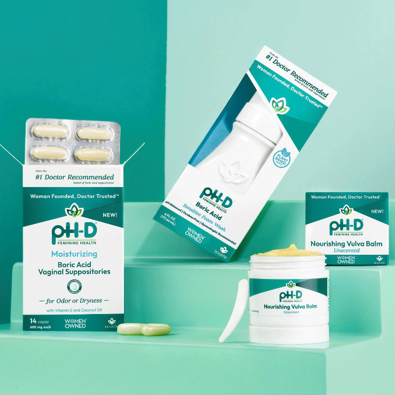 Product packaging for PH-D Moisturizing Suppository Foam Wash and Vulva Balm, with green and white color scheme.