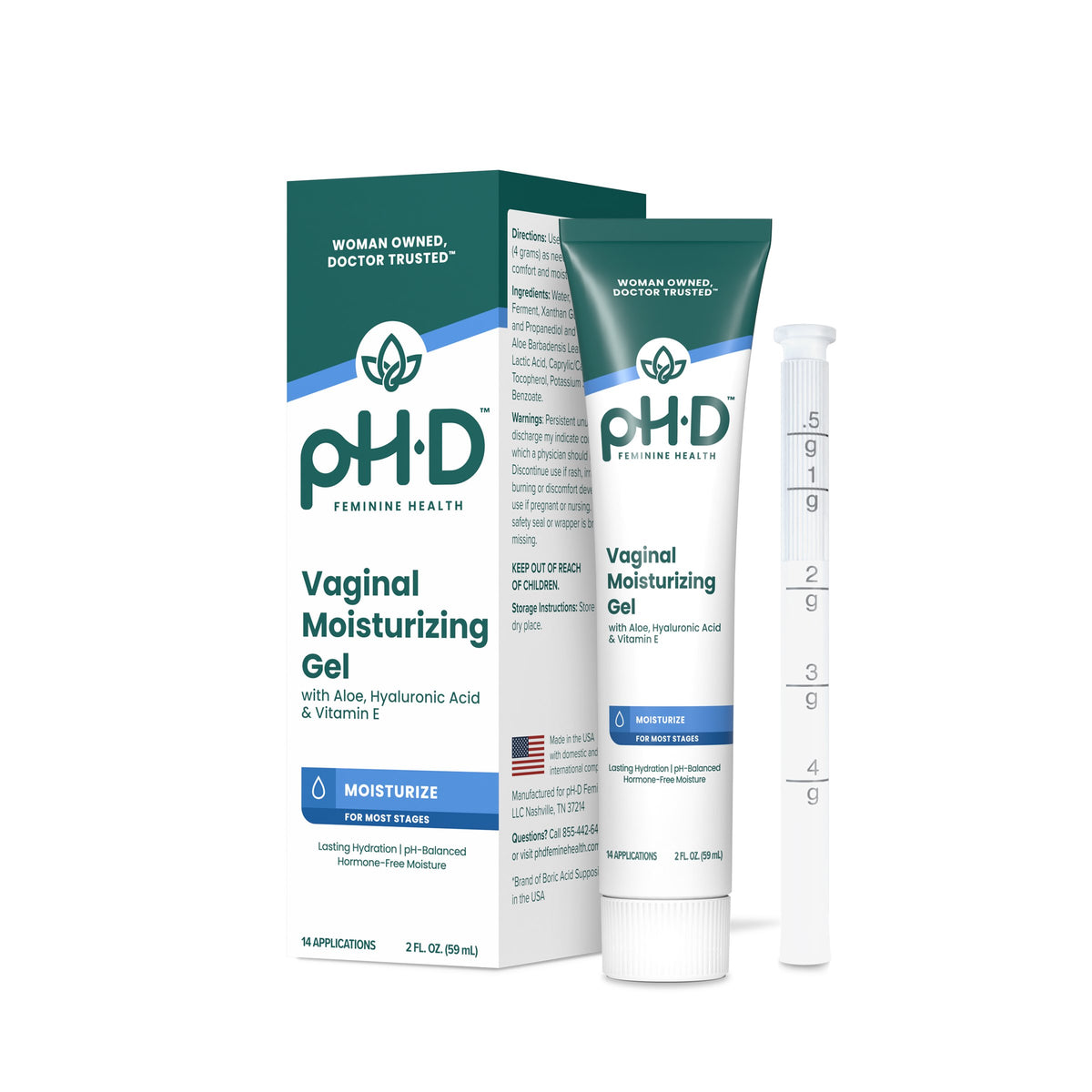 pH-D Feminine Health Vaginal Moisturizing Gel shown with its retail box, a squeeze tube, and a white measuring syringe on a clean white background.