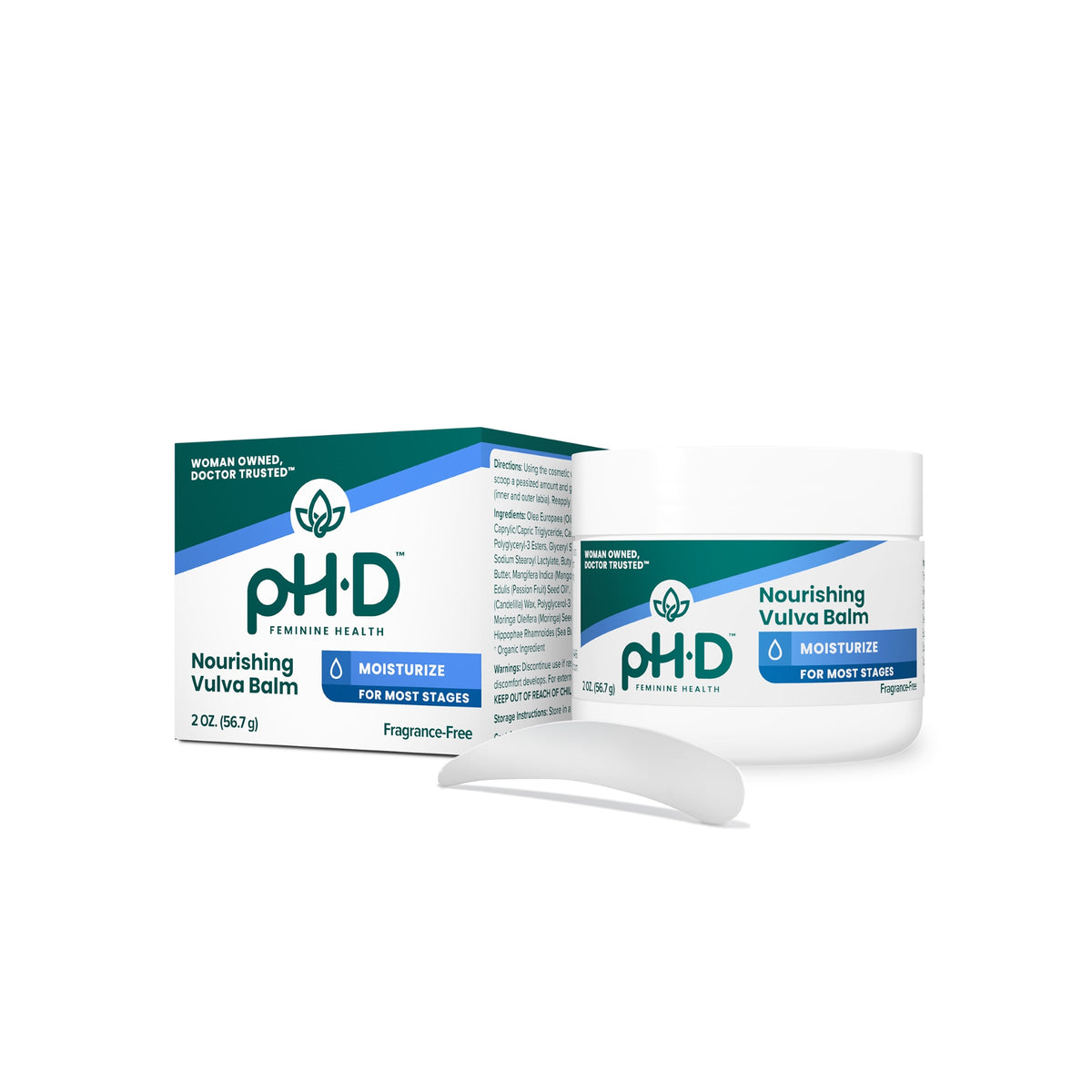 pH-D Feminine Health Nourishing Vulva Balm moisturizer shown with its product box and a white applicator spatula on a clean white background.