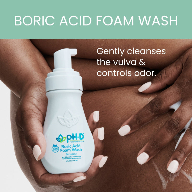 Boric acid foam wash bottle held by a person with text about its use.