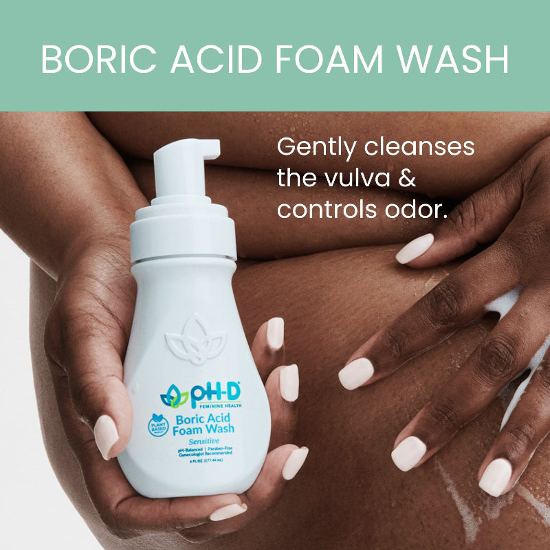 Boric acid foam wash bottle held by a person with text about its use.