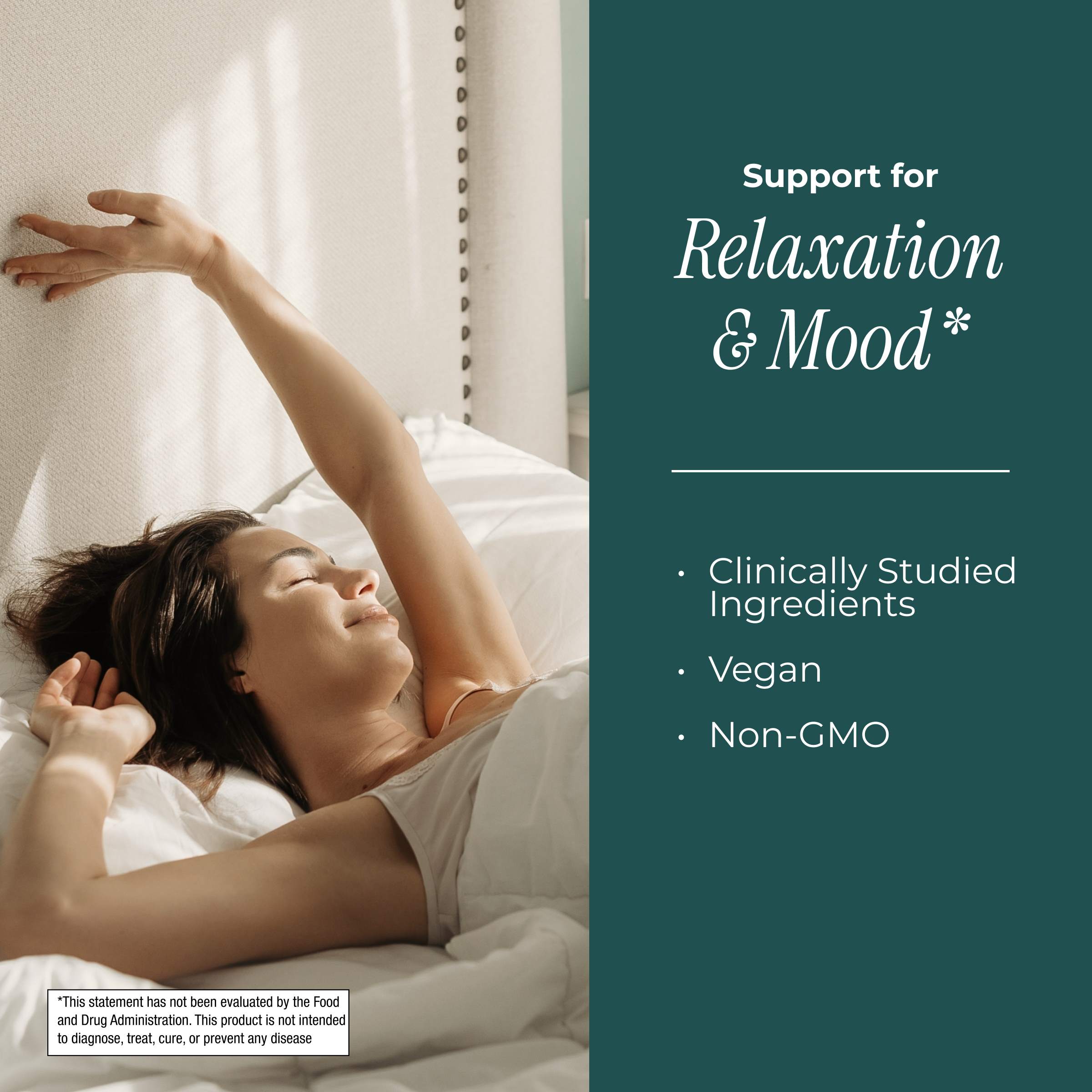 Woman waking up in bed with text about product support for relaxation and mood.