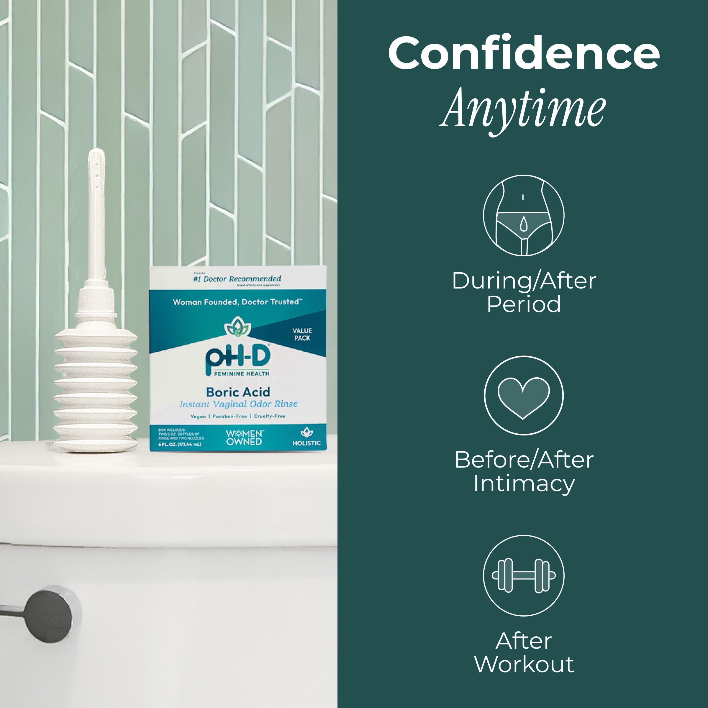 pH-D Boric Acid product packaging on a bathroom counter with text about product use.