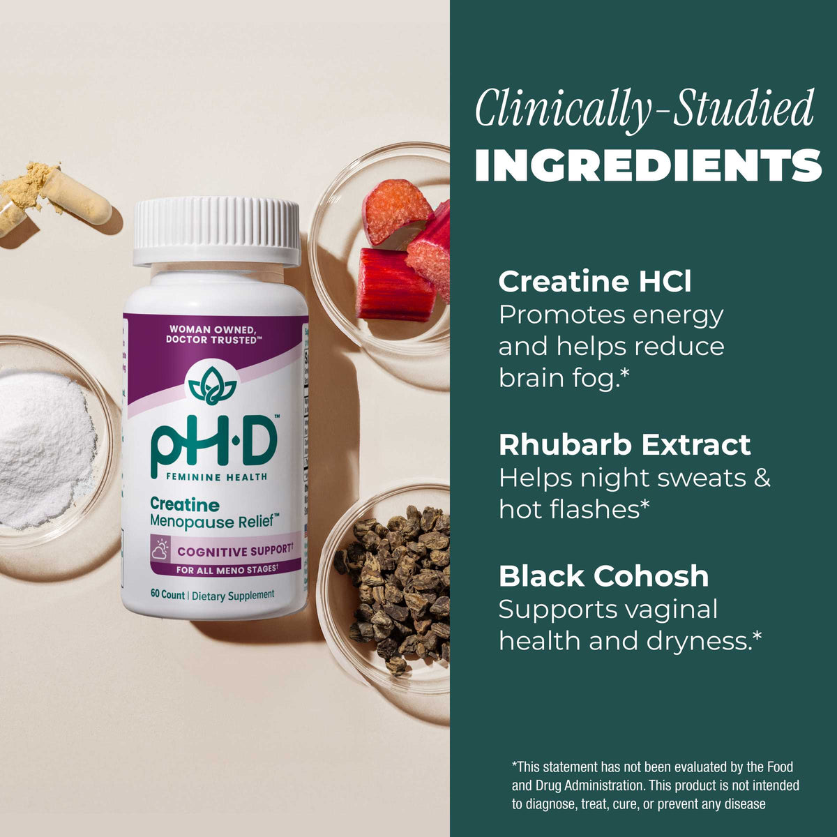 A bottle of pH-D Feminine Health Creatine Menopause Relief dietary supplement is shown on a beige surface with ingredient bowls and a dark teal text panel highlighting clinically-studied ingredients.