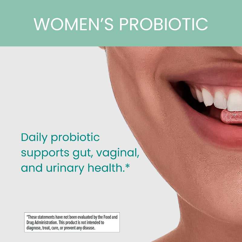 Advertisement for women's probiotic with a close-up of a woman's mouth and text about its benefits.