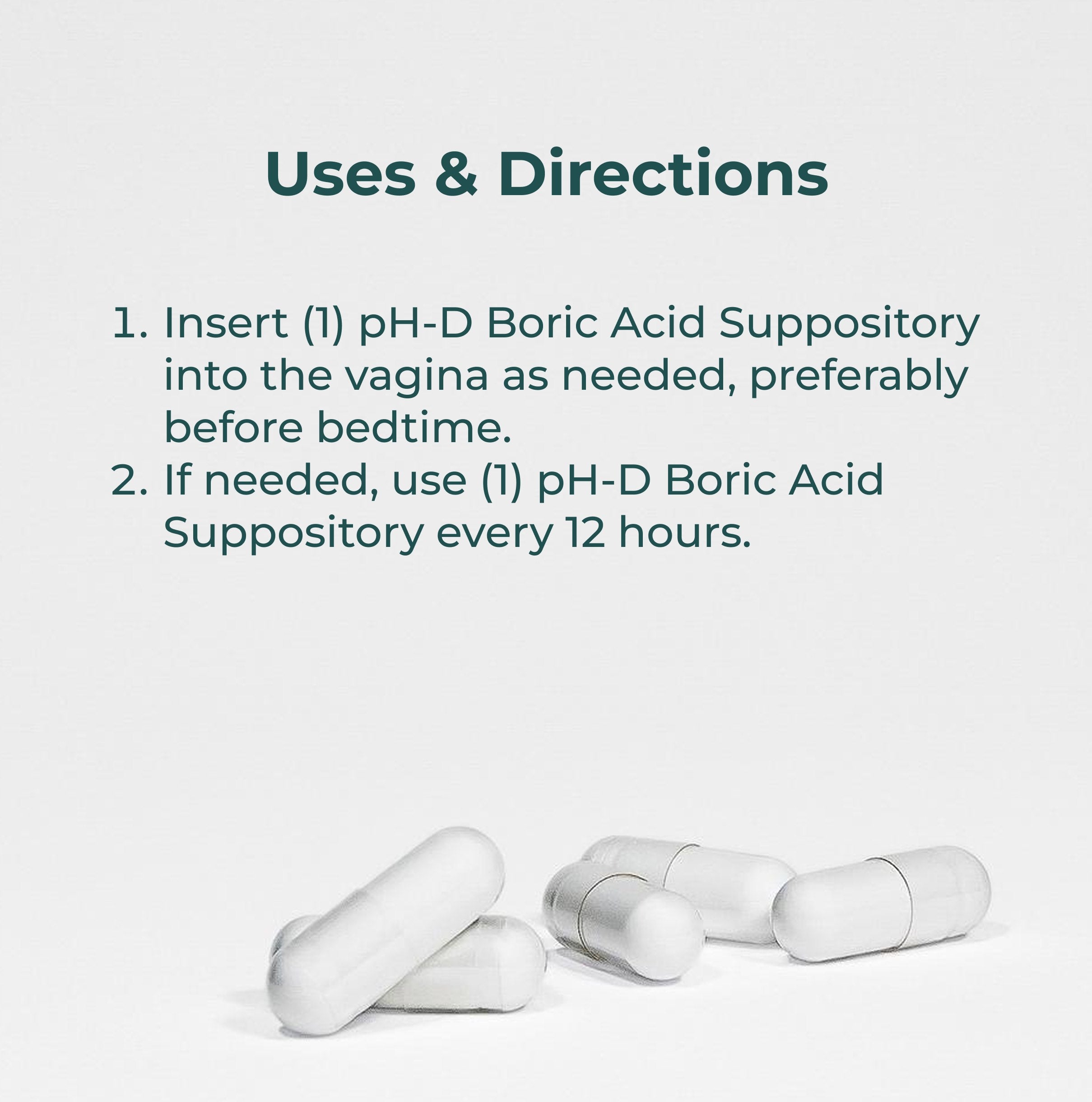 White pH-D Boric Acid Suppository on a light gray background with text on uses and directions.