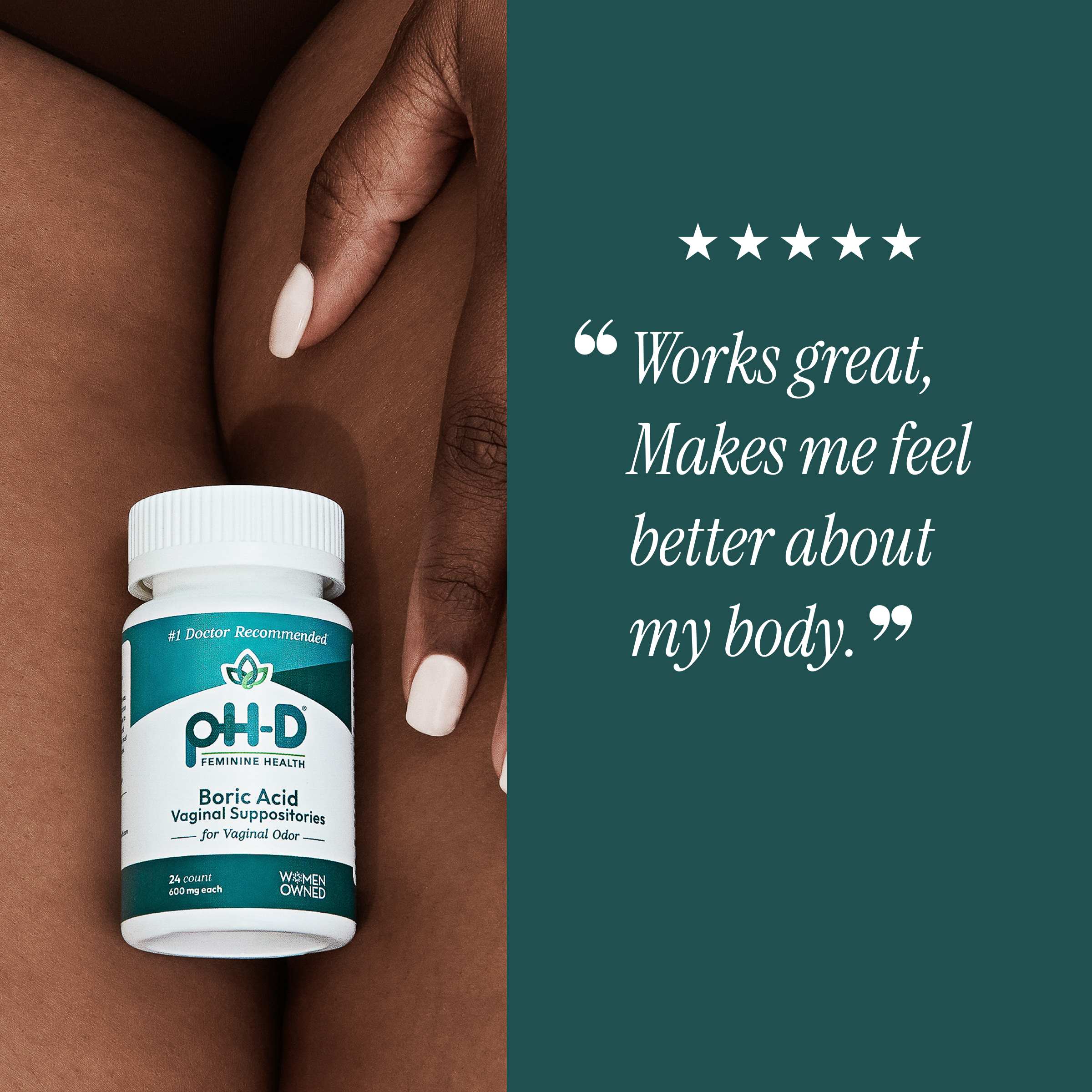 Bottle of pH-D Feminine Health product on skin with five-star rating and customer quote.