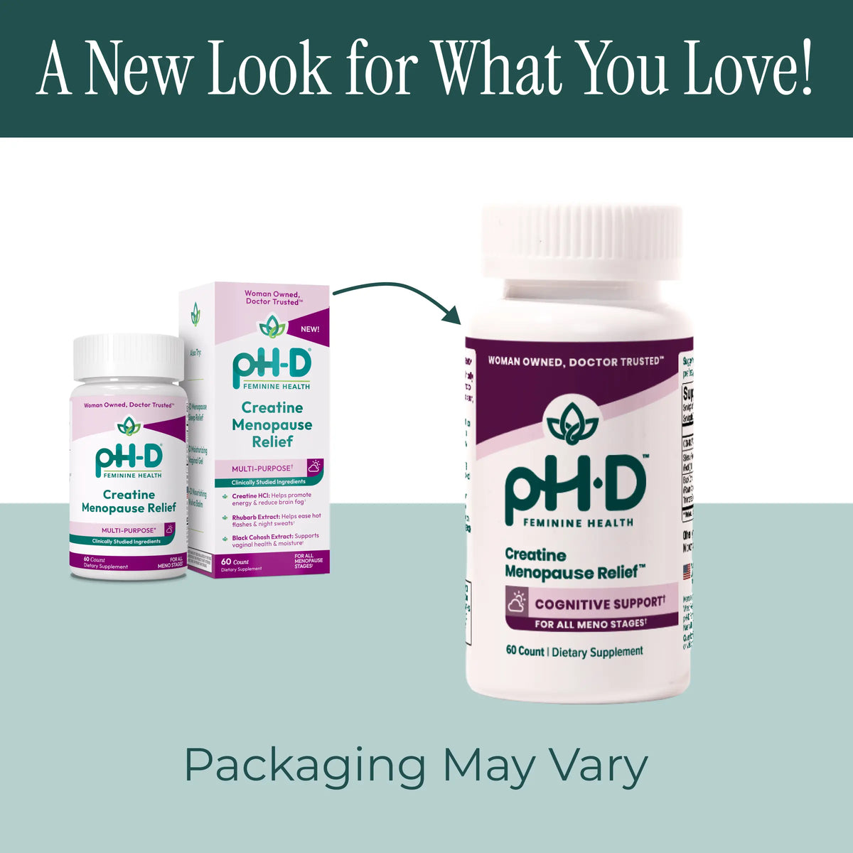Promotional graphic for pH-D Creatine Menopause Relief dietary supplement, showing a white bottle, its box, and a smaller duplicate bottle on a split teal and white background with text reading 'A New Look for What You Love!' and 'Packaging May Vary'.
