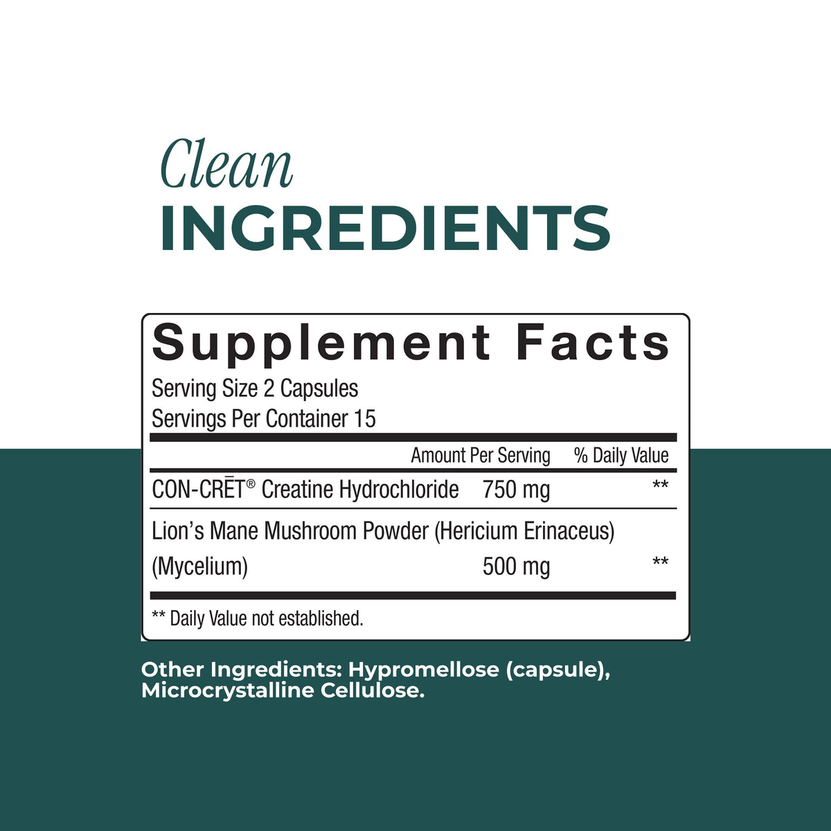 A supplement facts label on a white background with a dark teal band at the bottom. The label reads 'Clean INGREDIENTS' and shows supplement facts for CON-CRET Creatine Hydrochloride and Lion's Mane Mushroom Powder.