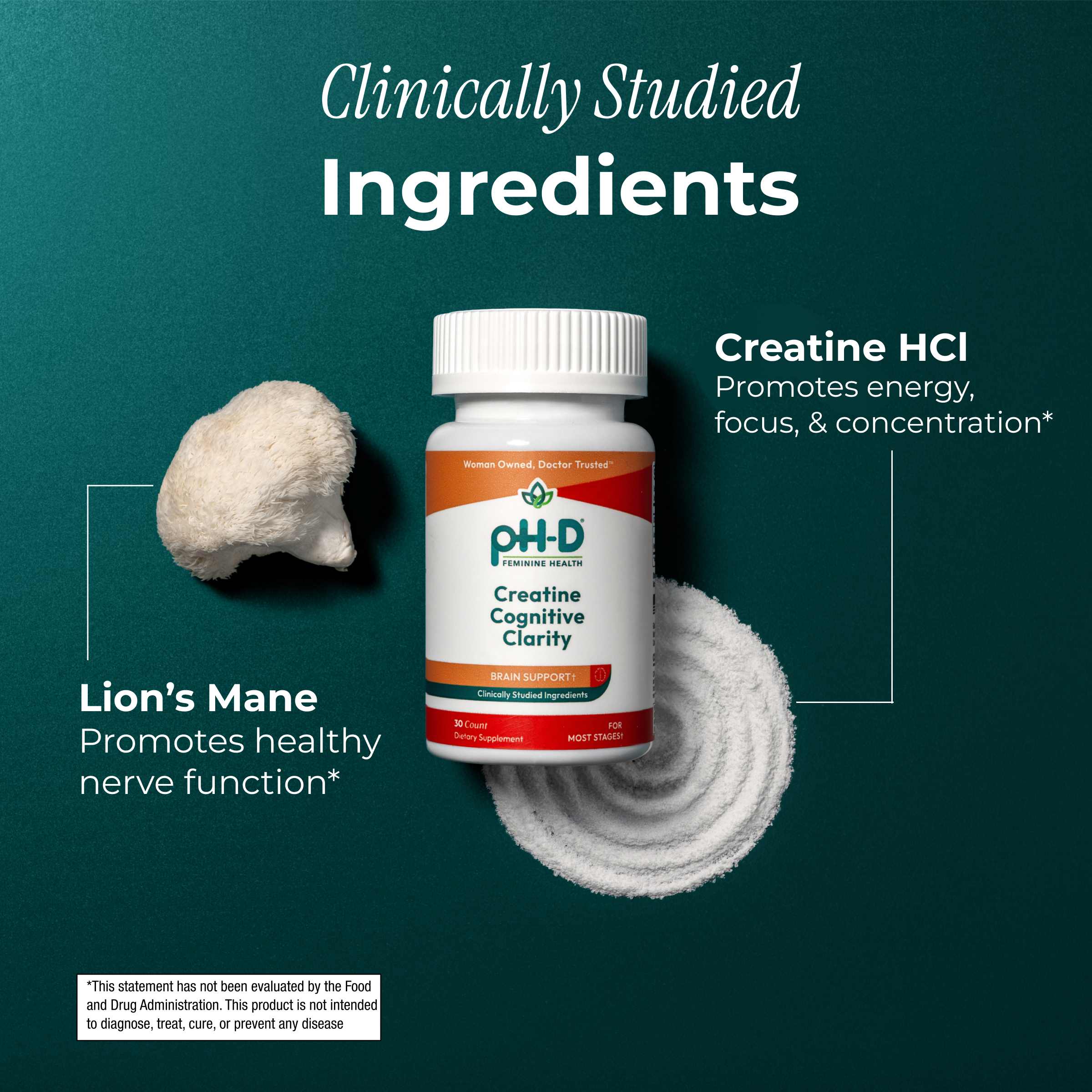 pH-D Creatine Cognitive Clarity bottle with clinically studied ingredients on a green background