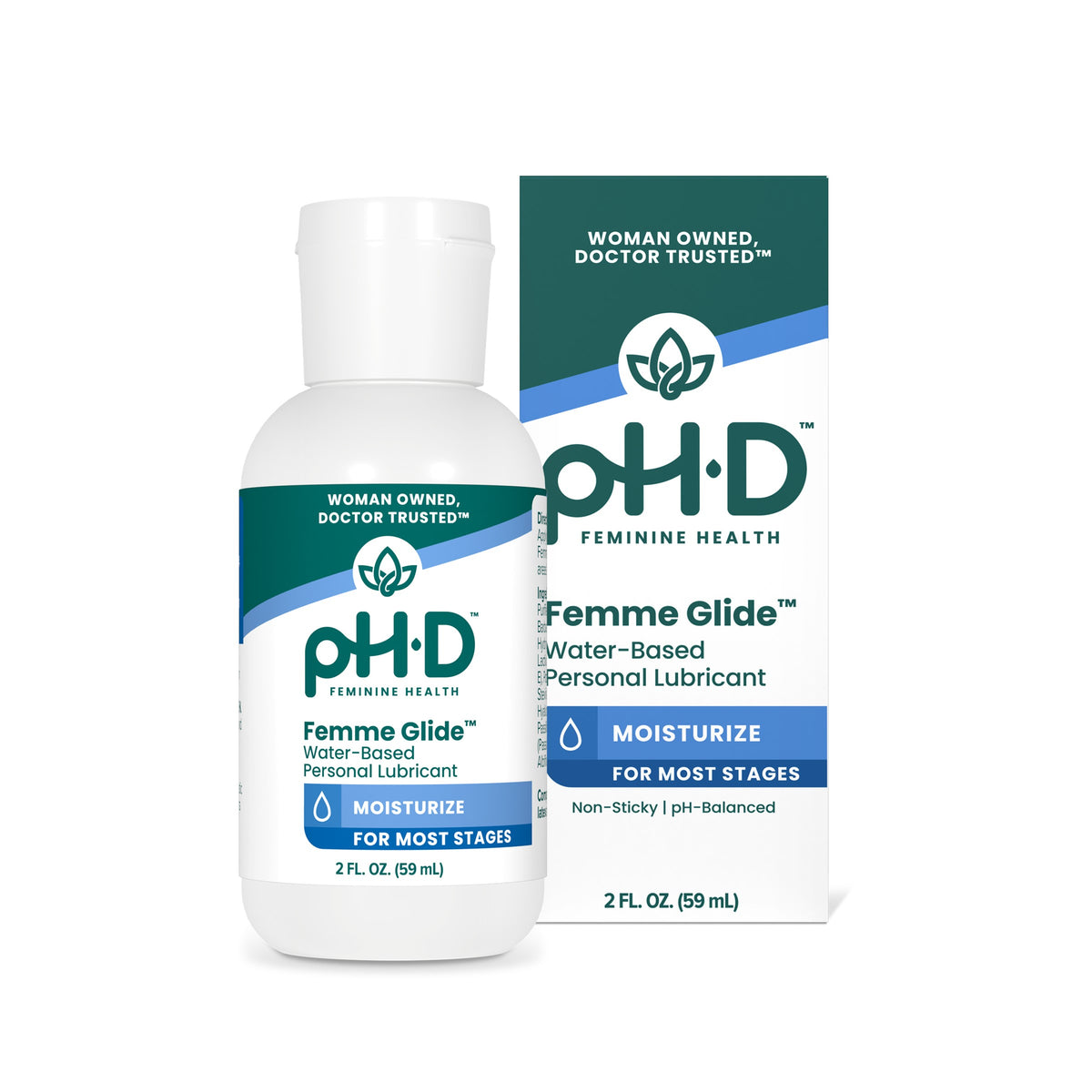 A bottle of pH-D Femme Glide water-based personal lubricant stands in front of its retail box on a plain white background. The bottle and packaging are white with teal and blue branding and text.