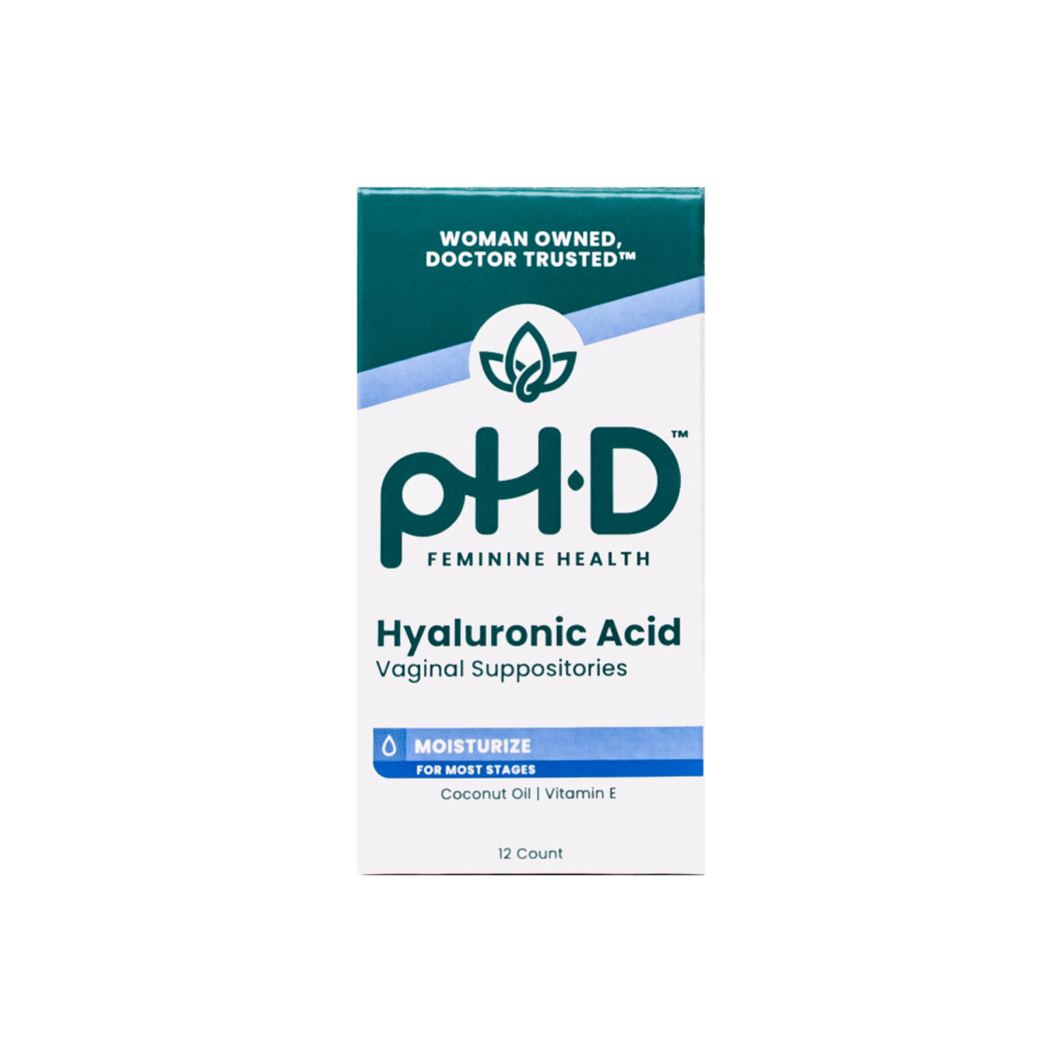 A box of pH-D Feminine Health Hyaluronic Acid Vaginal Suppositories on a plain white background.