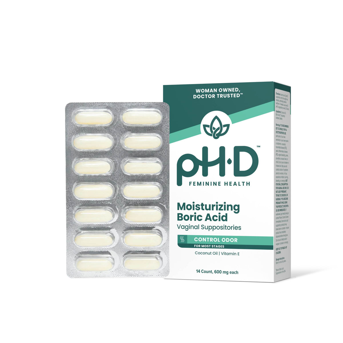 pH-D Feminine Health Moisturizing Boric Acid vaginal suppositories shown with a silver blister pack of off-white capsules next to its green and white retail box on a white background.