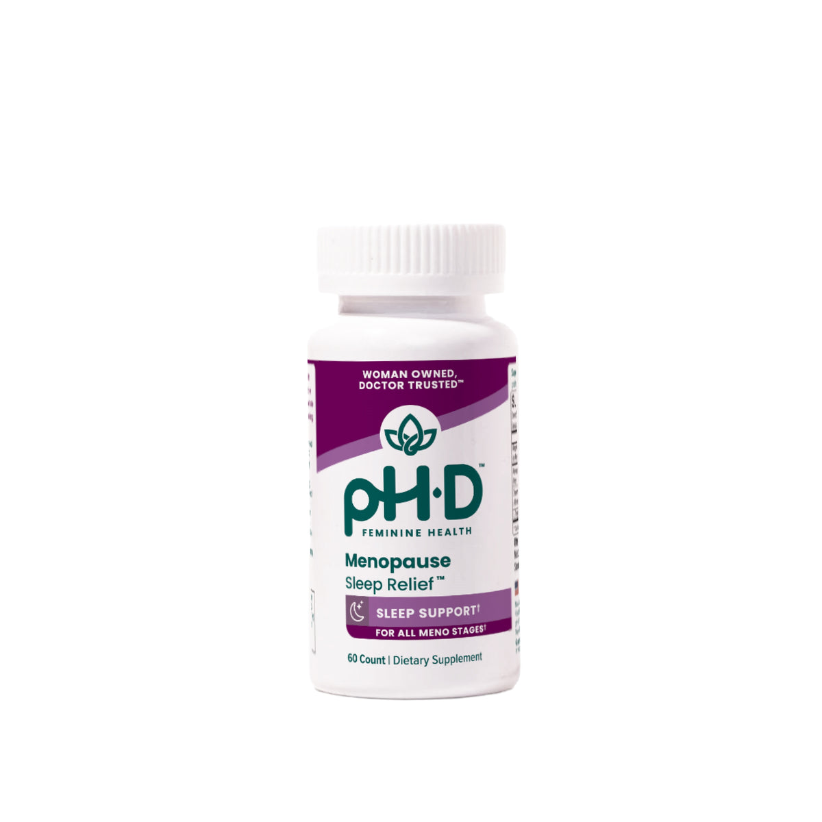 A white plastic bottle of pH-D Menopause Sleep Relief dietary supplement with a white cap, set against a plain white background.