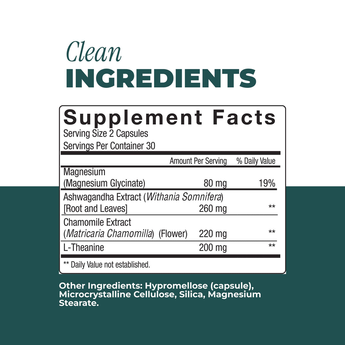 A supplement facts label on a dark teal and white background with the headline 'Clean INGREDIENTS' above it. The label lists supplement ingredients including Magnesium, Ashwagandha Extract, Chamomile Extract, and L-Theanine with amounts and daily value percentages.