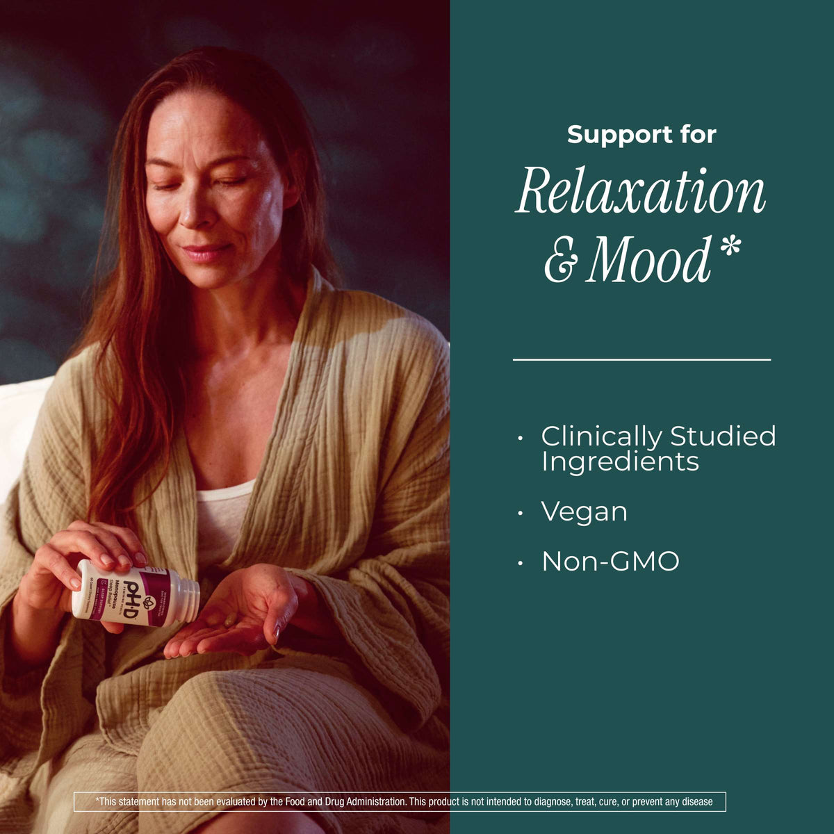 A woman in a beige robe sits on a couch holding a supplement bottle, with a dark teal text panel on the right that reads 'Support for Relaxation & Mood' and bullet points about clinically studied ingredients, vegan formulation, and non-GMO.