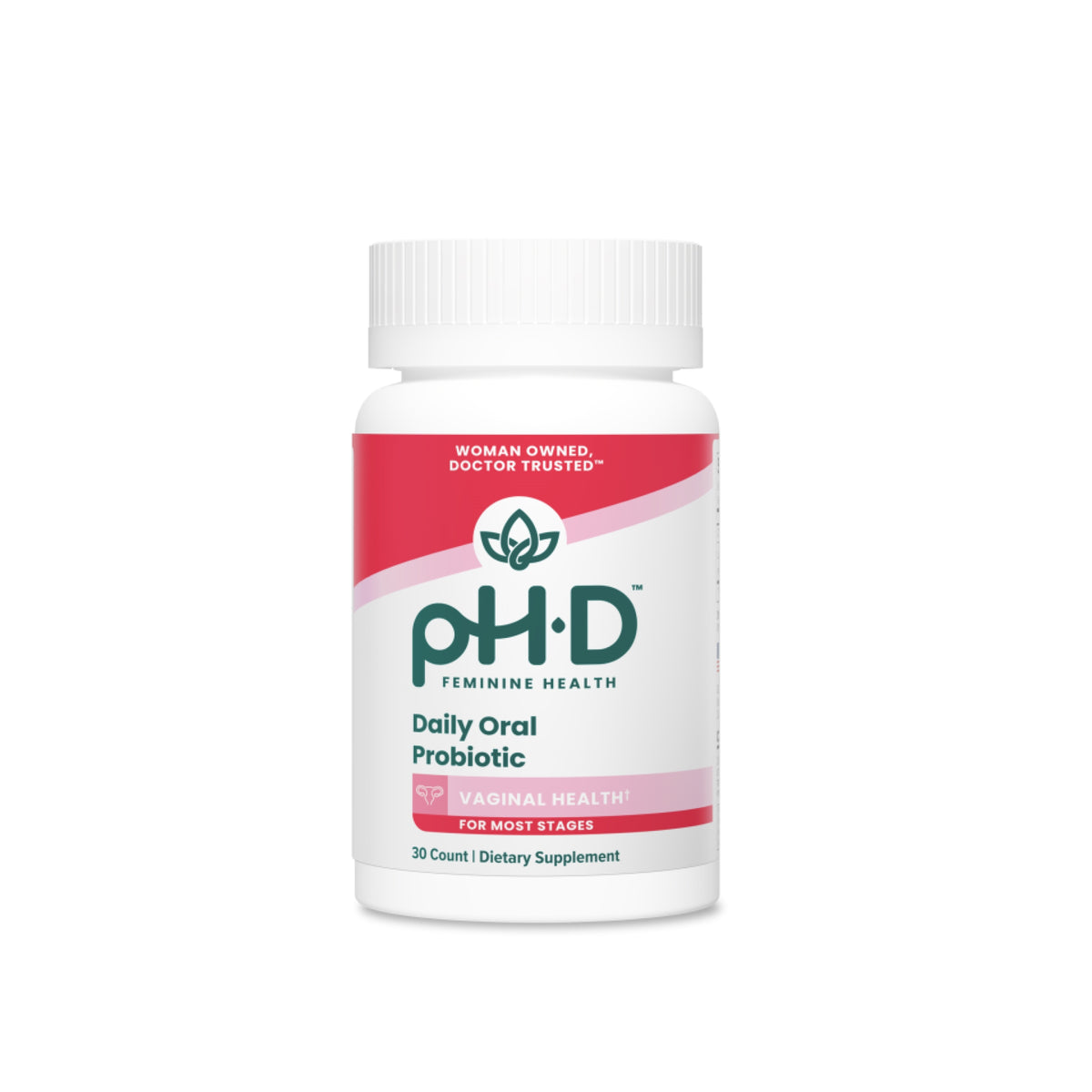 A white bottle of pH-D Feminine Health Daily Oral Probiotic.