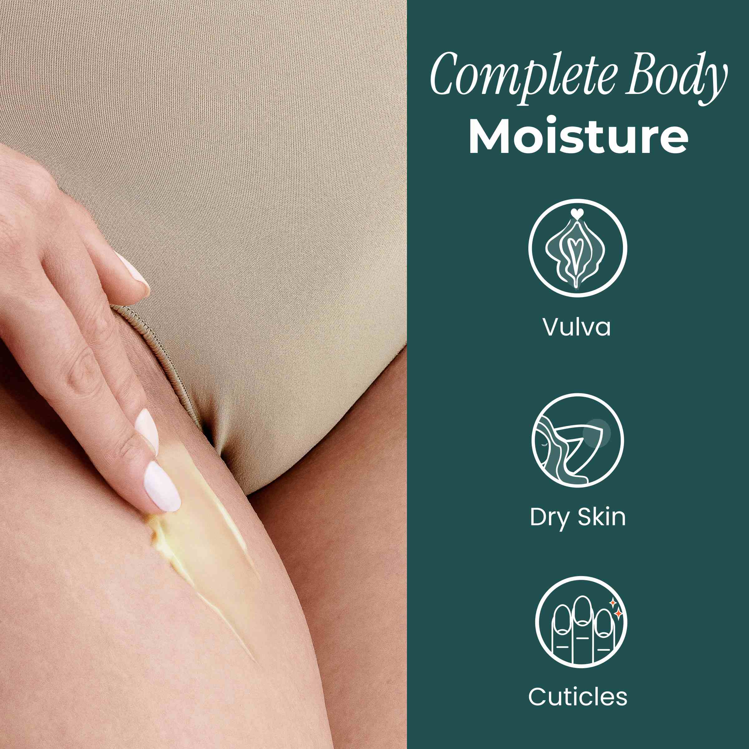 Woman gently rubbing vulva balm cream on her leg