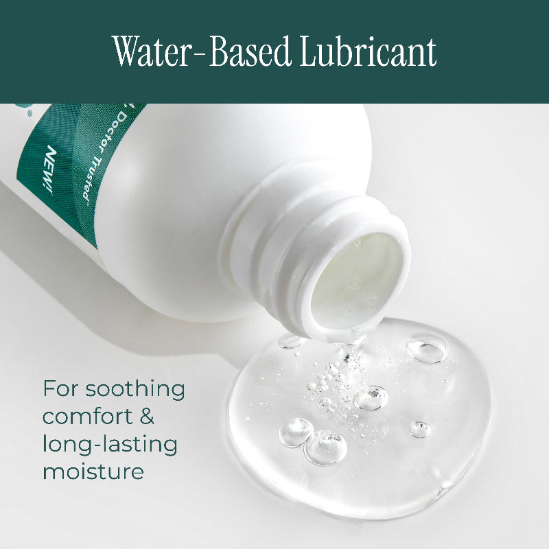 Water-based lubricant bottle with open cap and visible lubricant on a white background