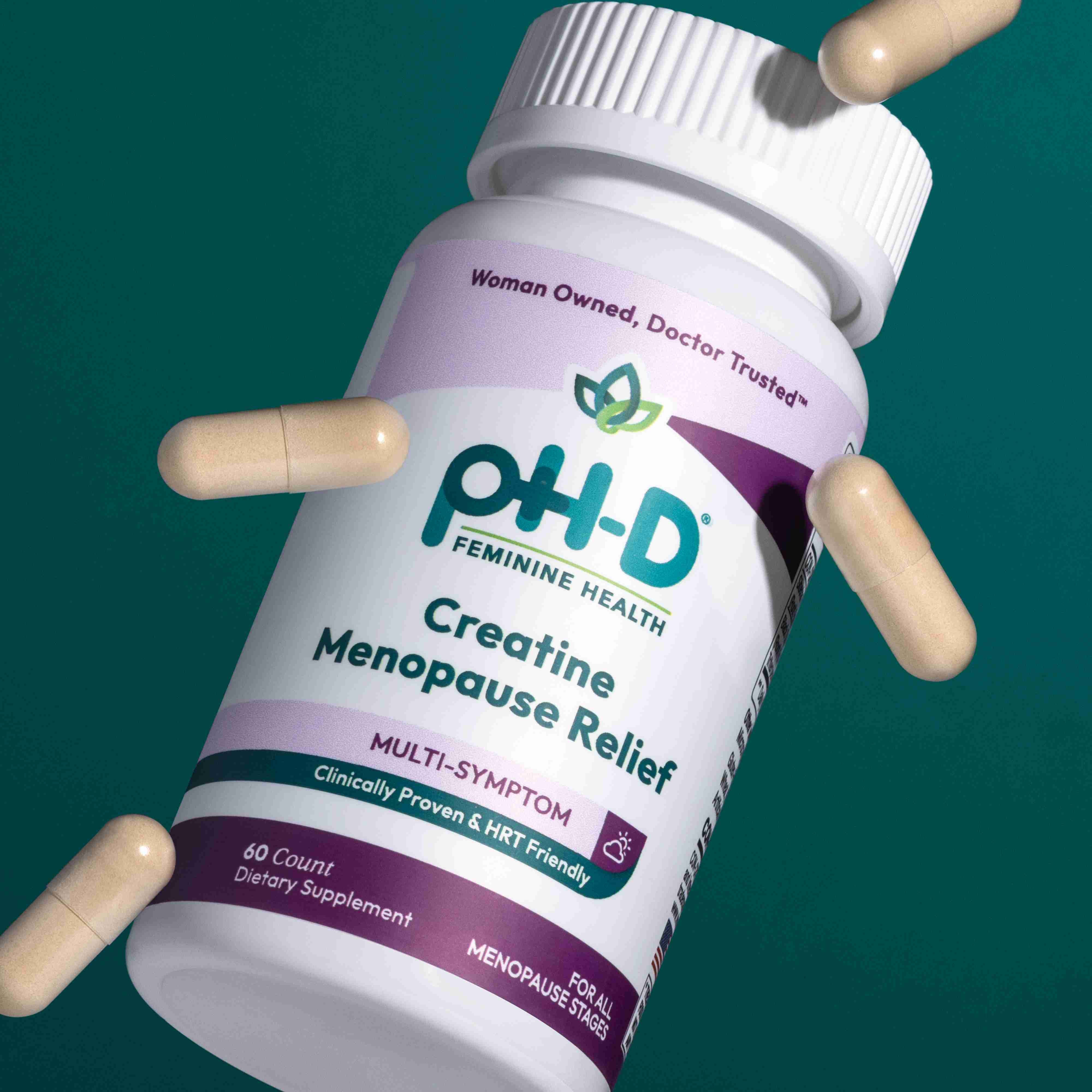 Supplement bottle labeled 'pH-D Feminine Health' on a green background