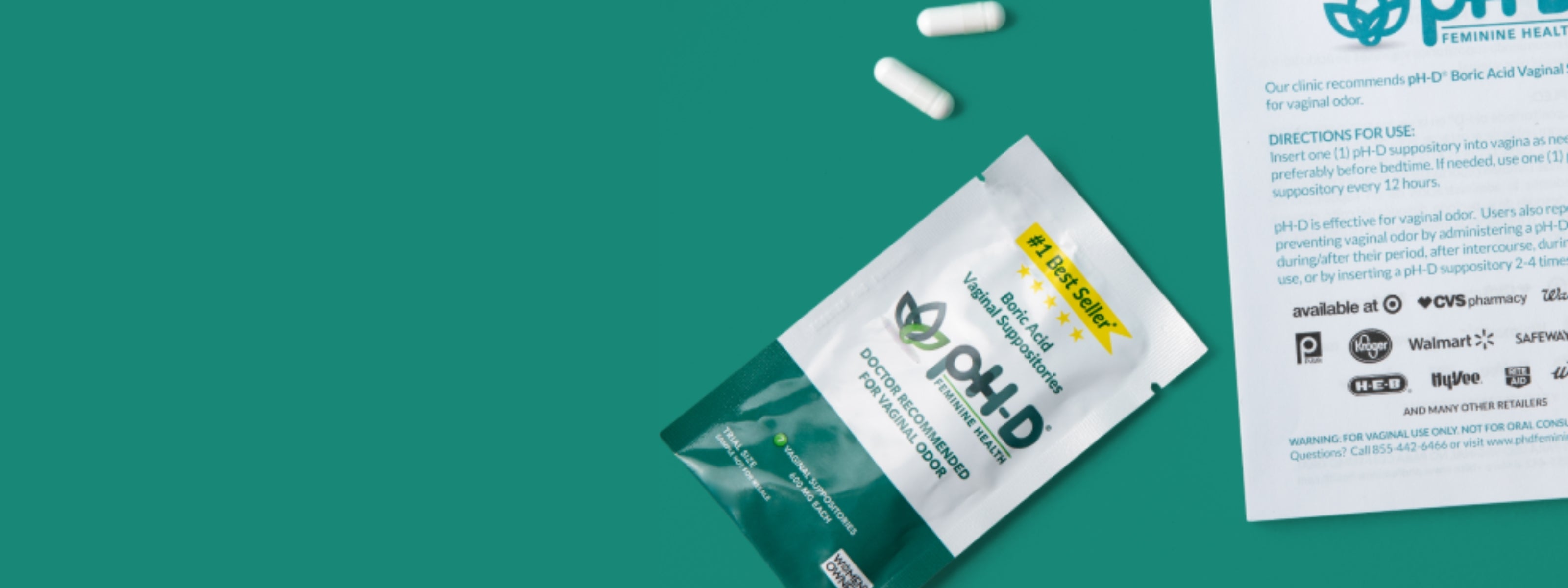 teal-themed healthcare professional sample pack for pH-D Boric Acid Vaginal Suppositories. The pack includes a small sachet labeled '#1 Best Seller' and a product information sheet detailing directions for use, benefits, and availability at major retailers like CVS, Walmart, and Amazon. Two white capsules are displayed to the side for visual clarity