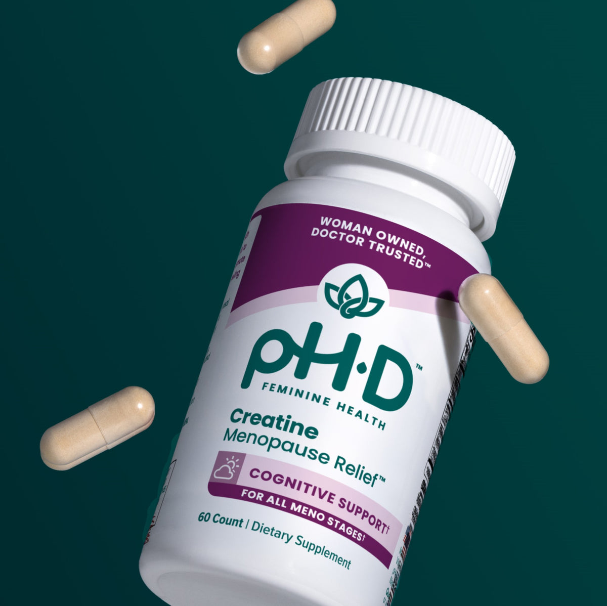 A floating bottle of pH-D Feminine Health Creatine Menopause Relief.