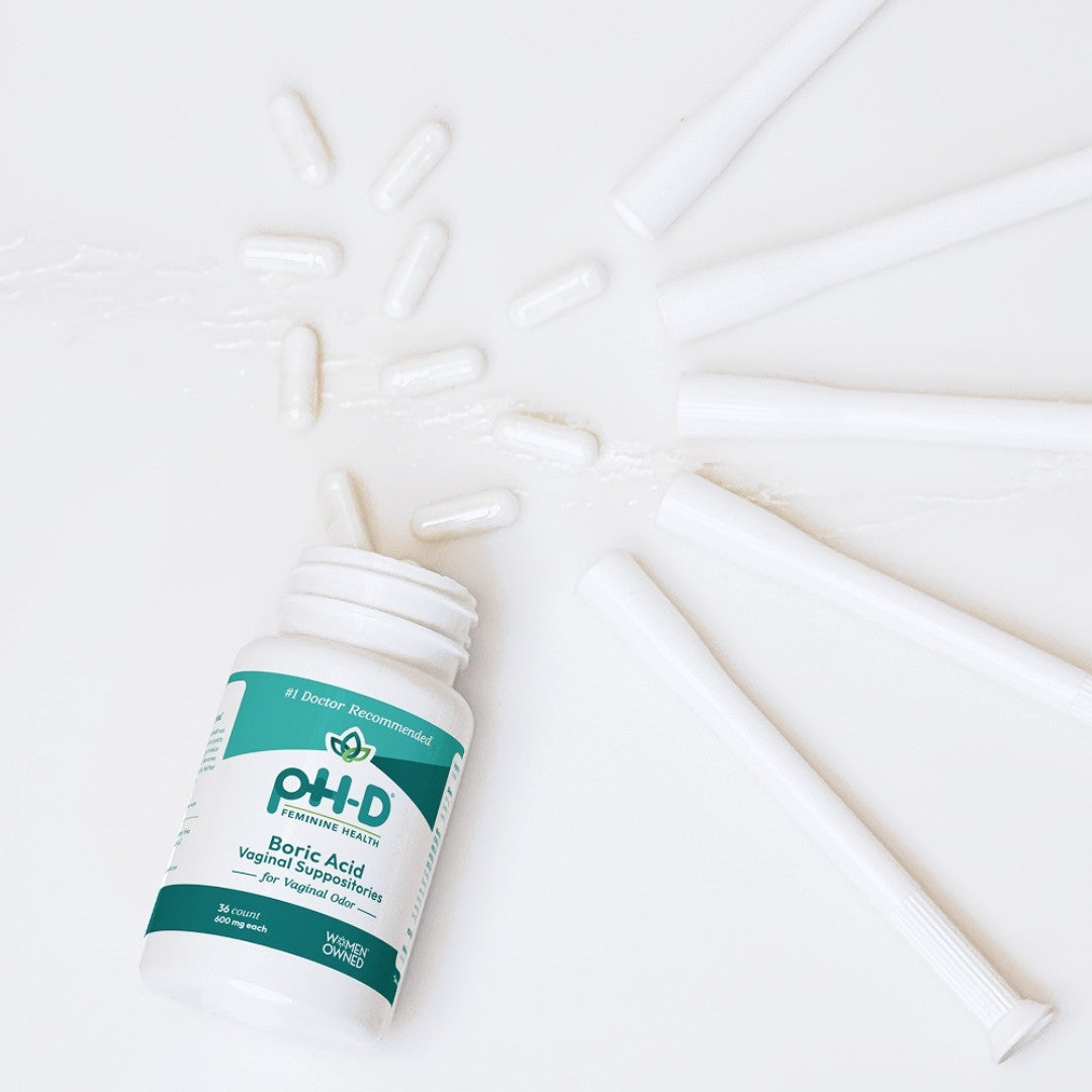Bottle of pH-D Boric Acid Suppositories with vaginal applicators