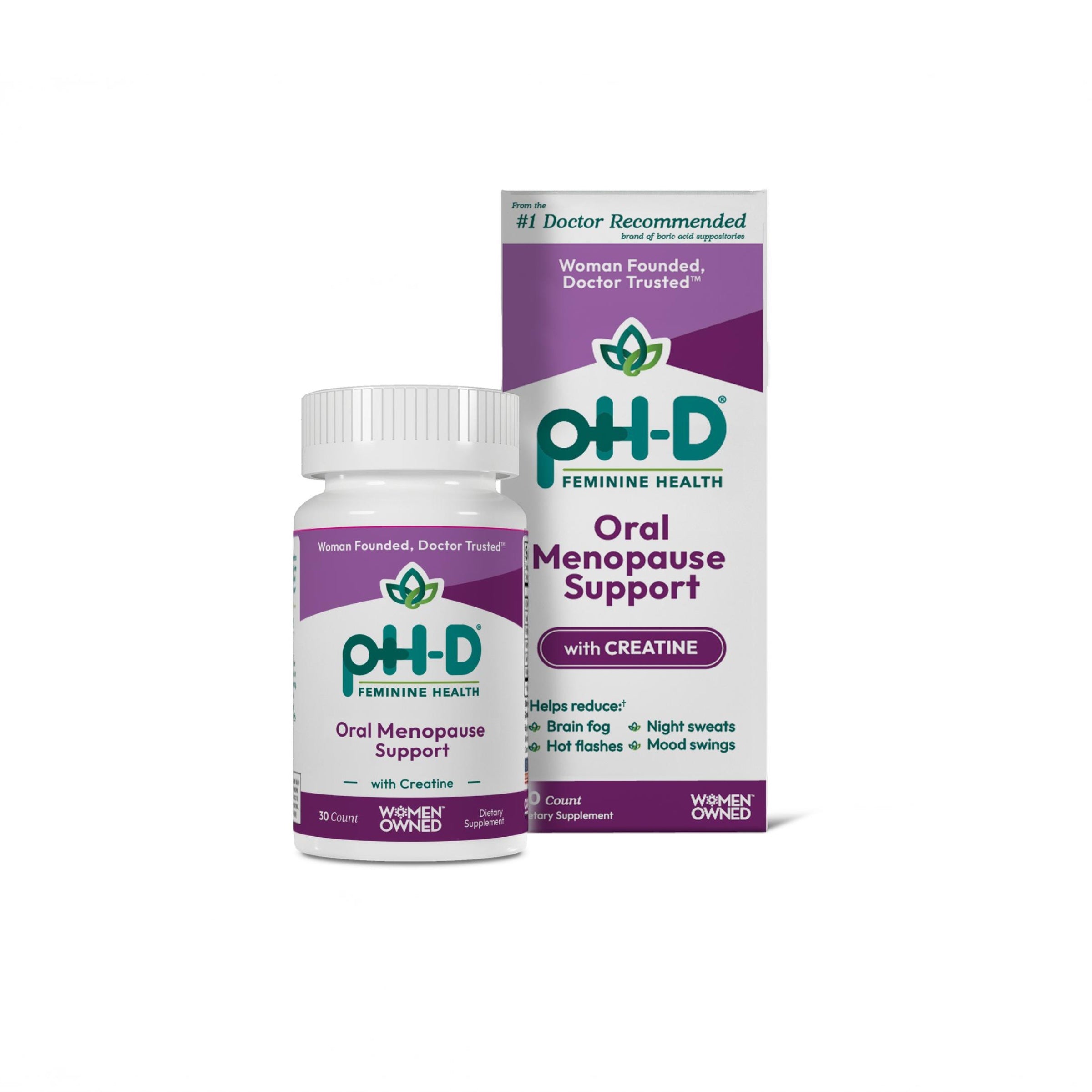 pH-D Oral Menopause Support supplement bottle and packaging on a white background