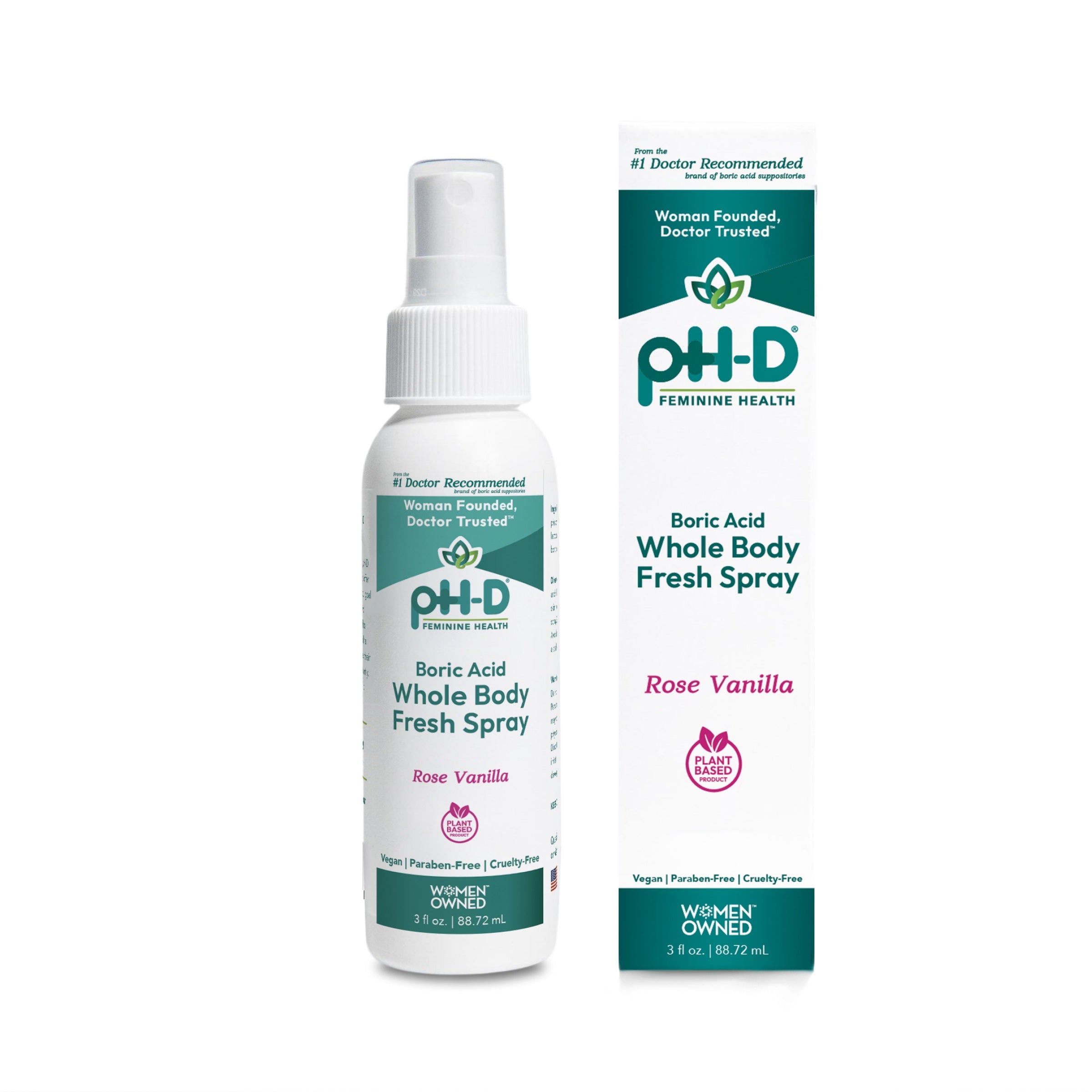 PH-D Feminine Health boric acid whole body fresh spray bottle and packaging on a white background