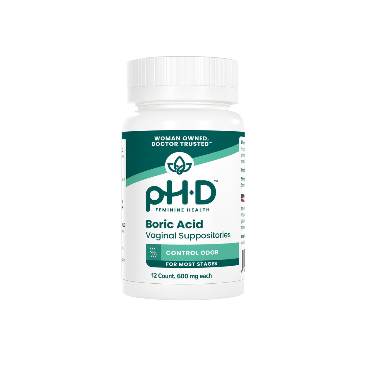 A white plastic bottle of pH-D Feminine Health Boric Acid Suppositories.