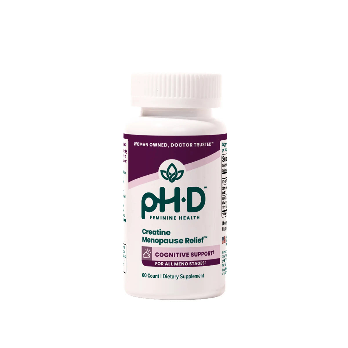 A white bottle of pH-D Creatine Menopause Relief.
