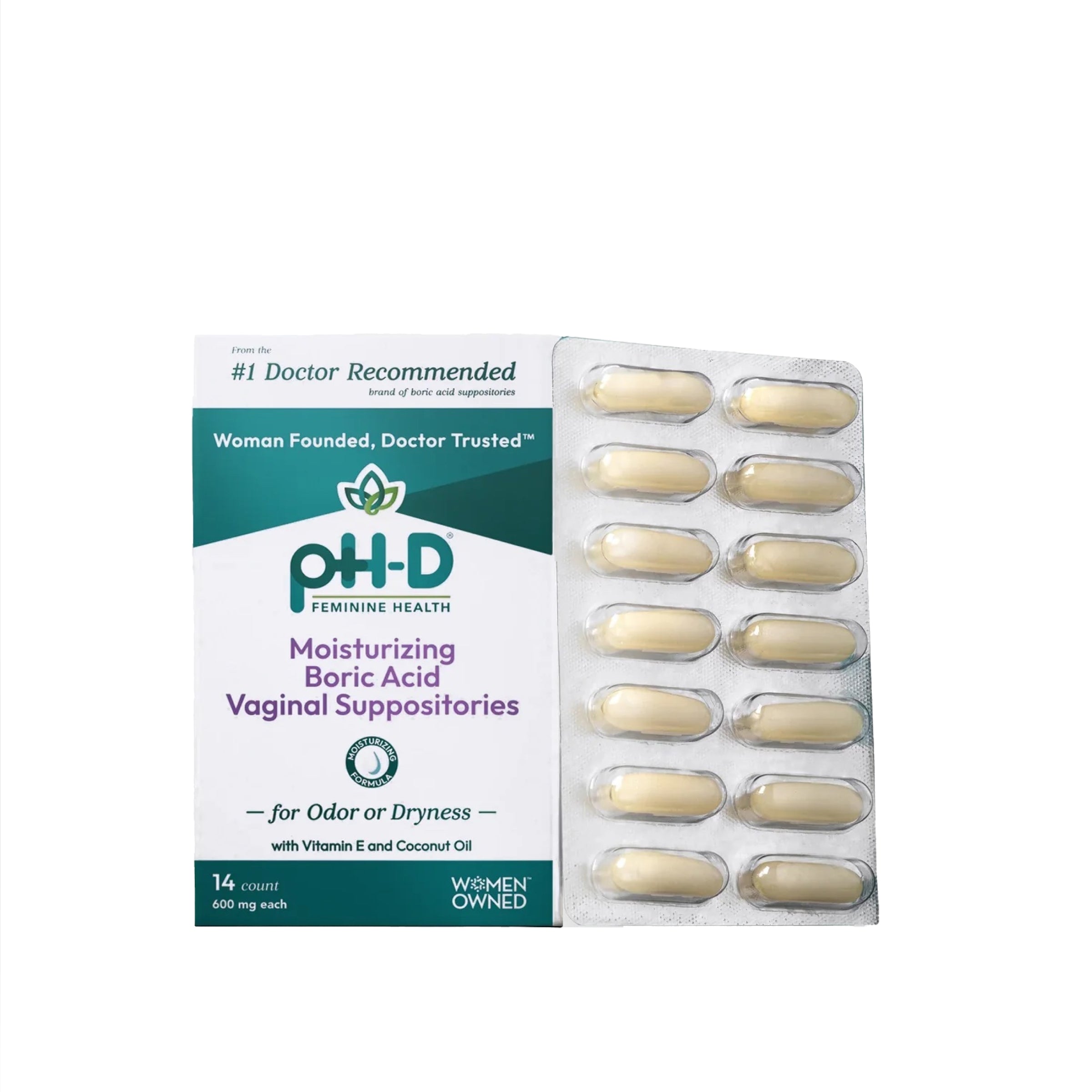 Pack of pH-D Feminine Health vaginal suppositories on a white background