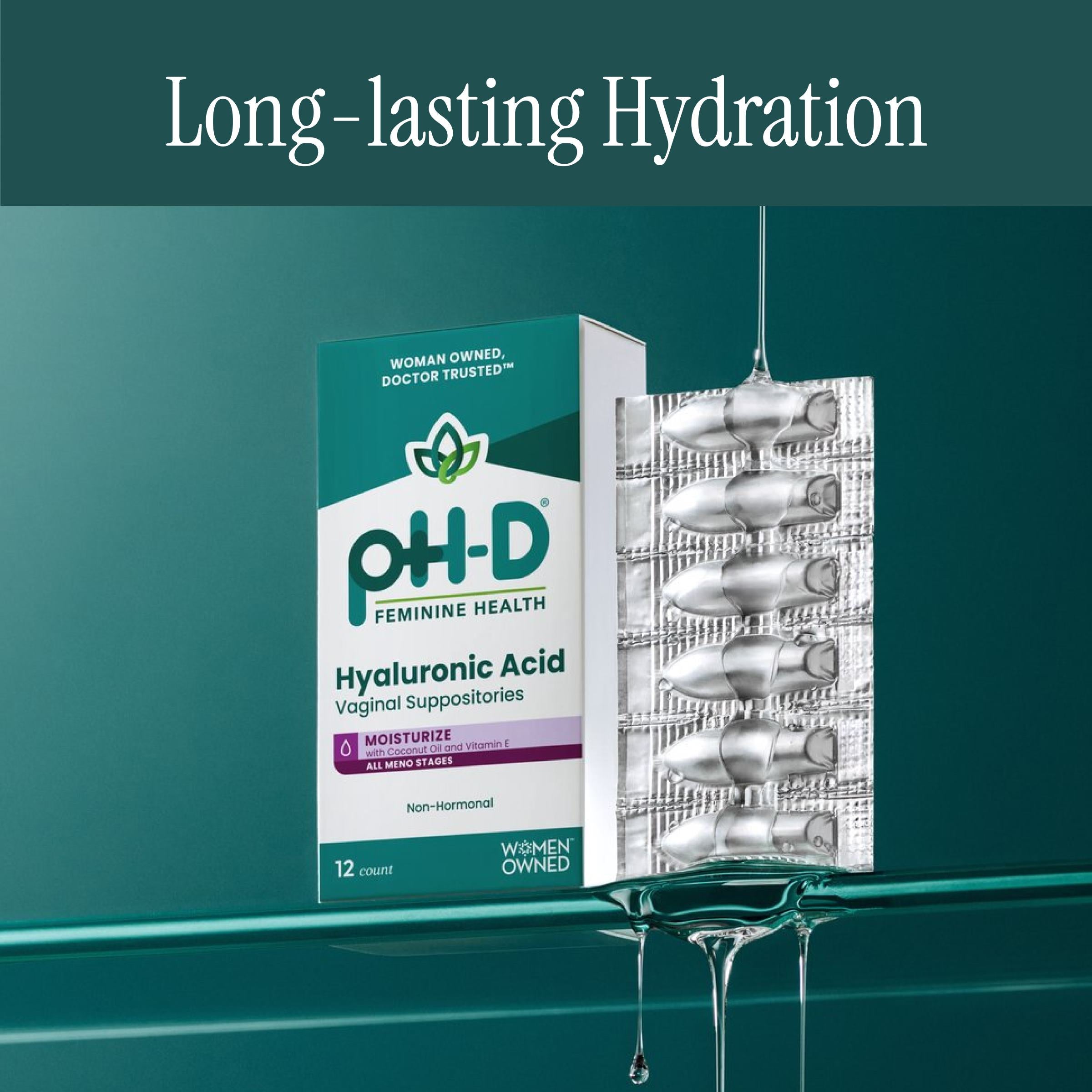 pH-D Feminine Health hyaluronic acid vaginal suppository on a green background
