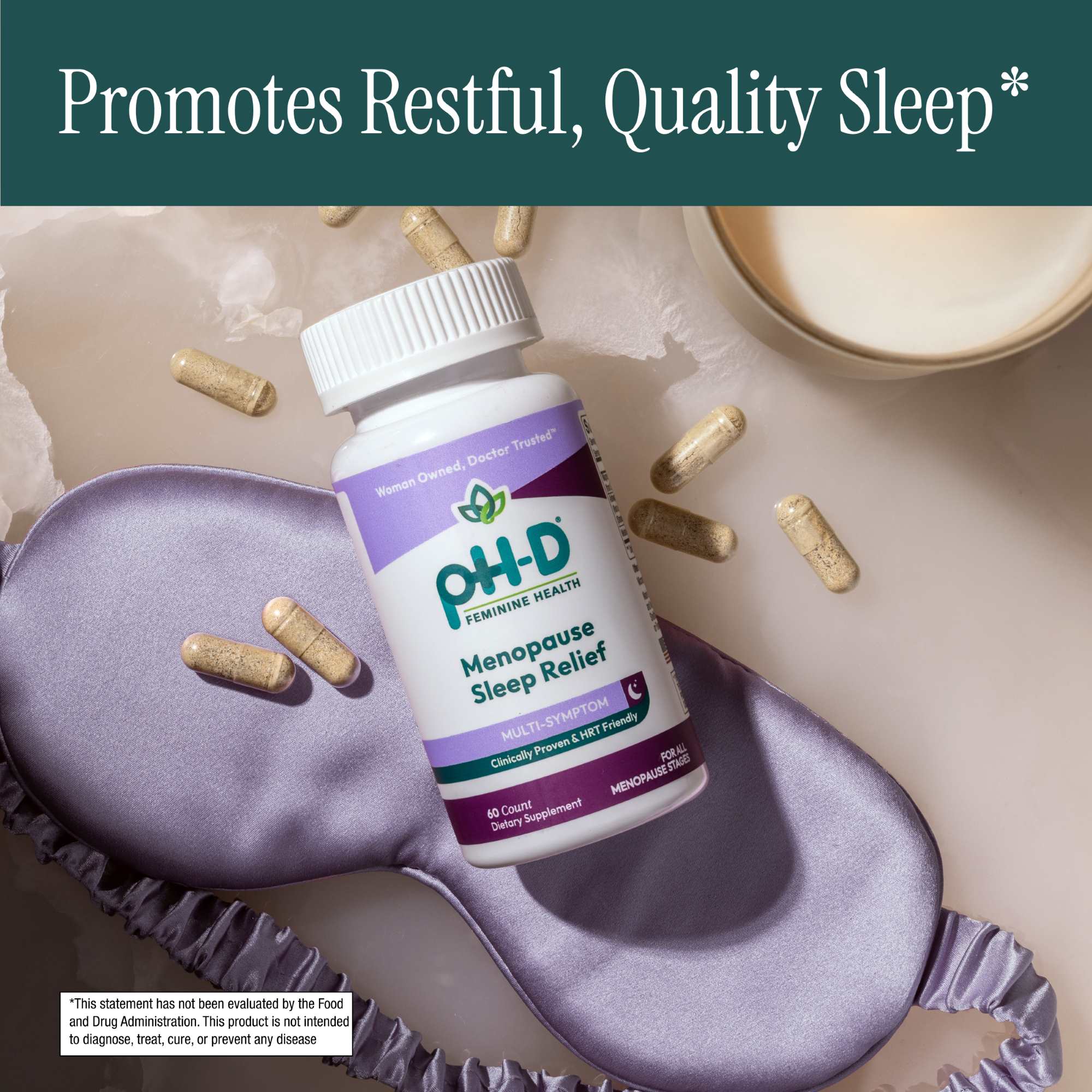 PH-D Menopause Sleep Relief supplement bottle with sleep mask and pills on a light background