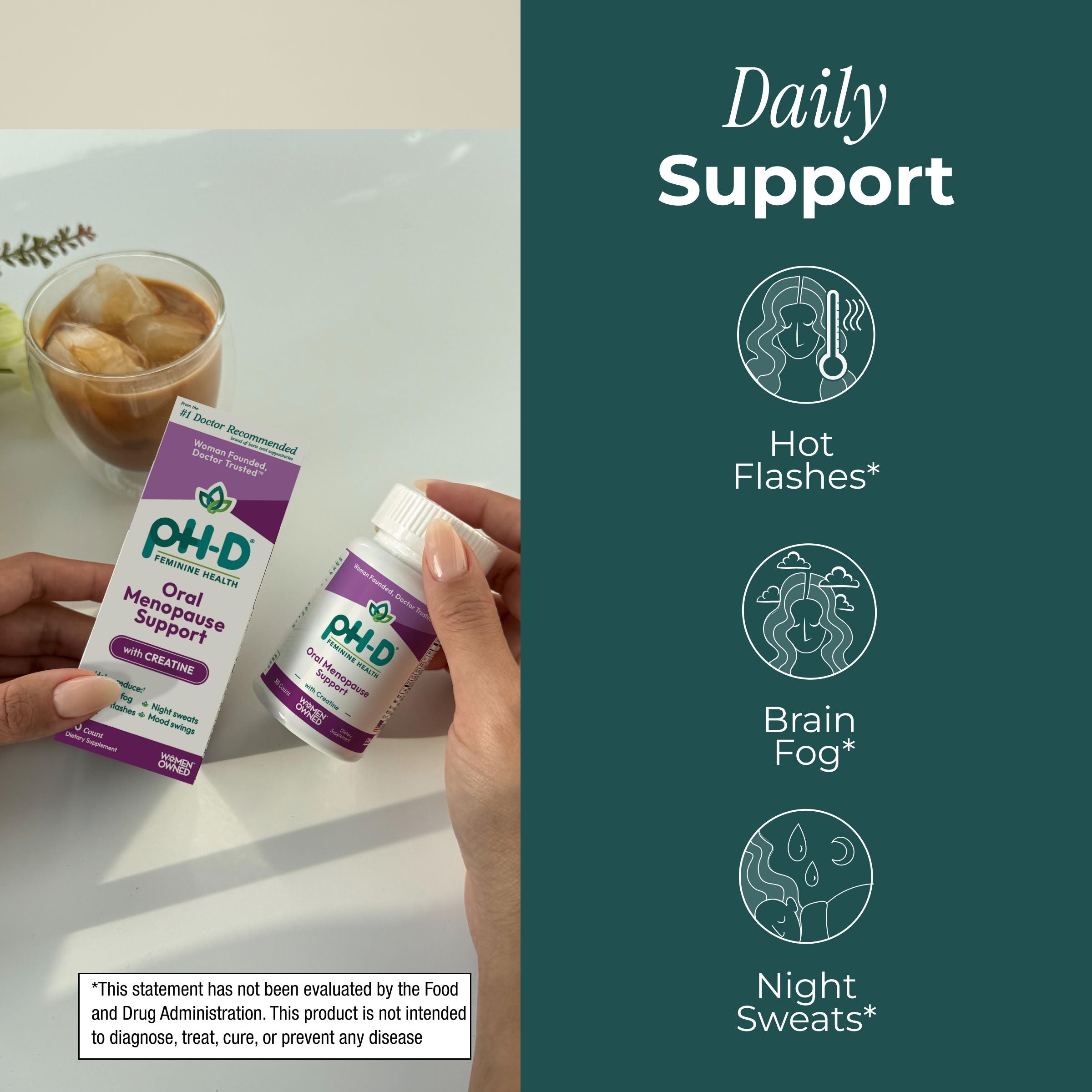 pH-D menopause support product packaging with a cup of iced coffee on a table.