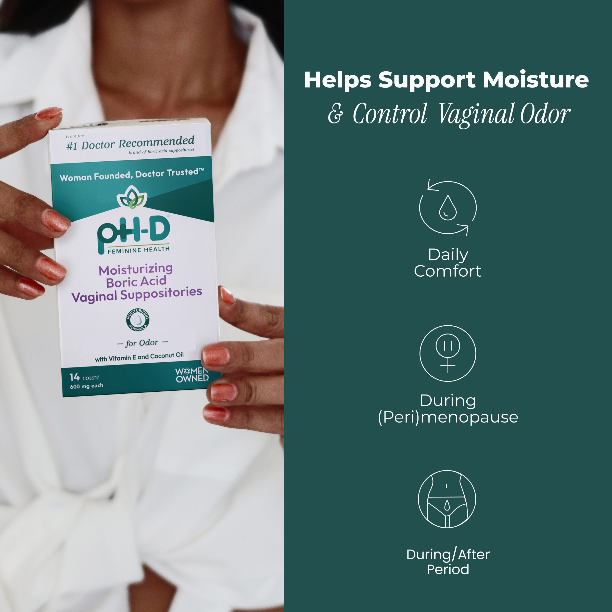 Person holding a box of pH-D Feminine Health products with text on a green background.