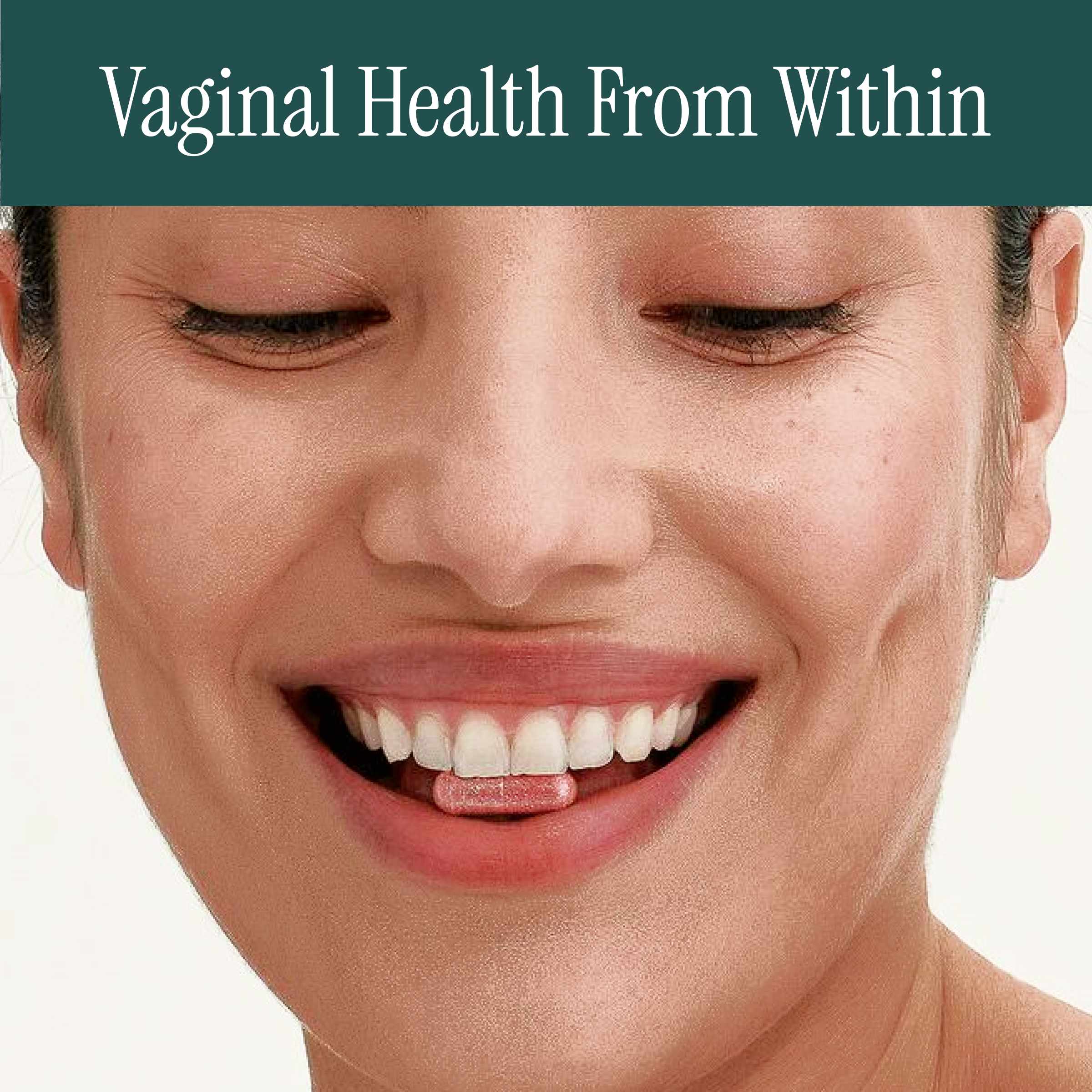 Woman modelling with a Women's Oral Probiotic in her mouth. "Vaginal health from within".