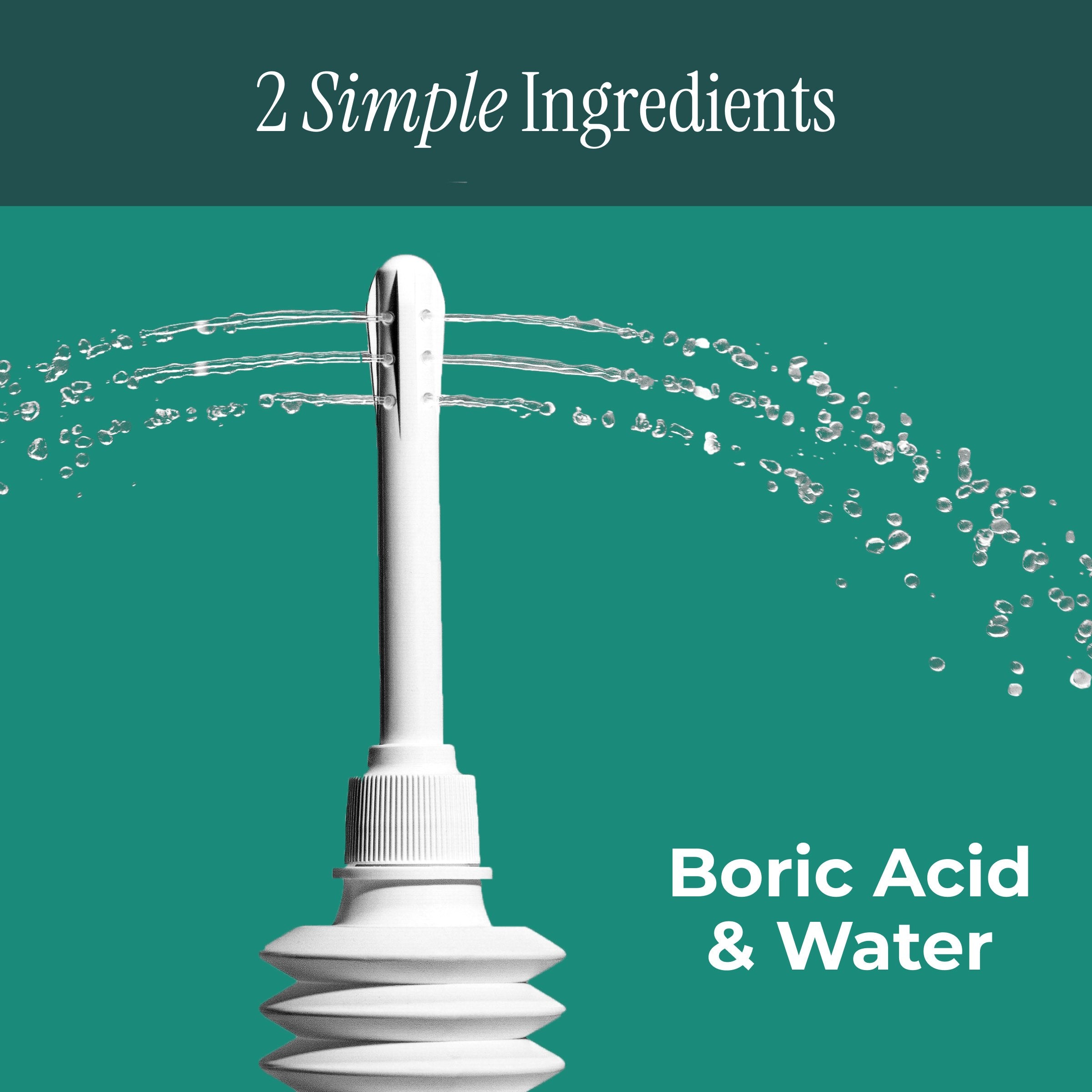 Boric acid container with water splashing out on a teal background, labeled '2 Simple Ingredients: Boric Acid & Water'.