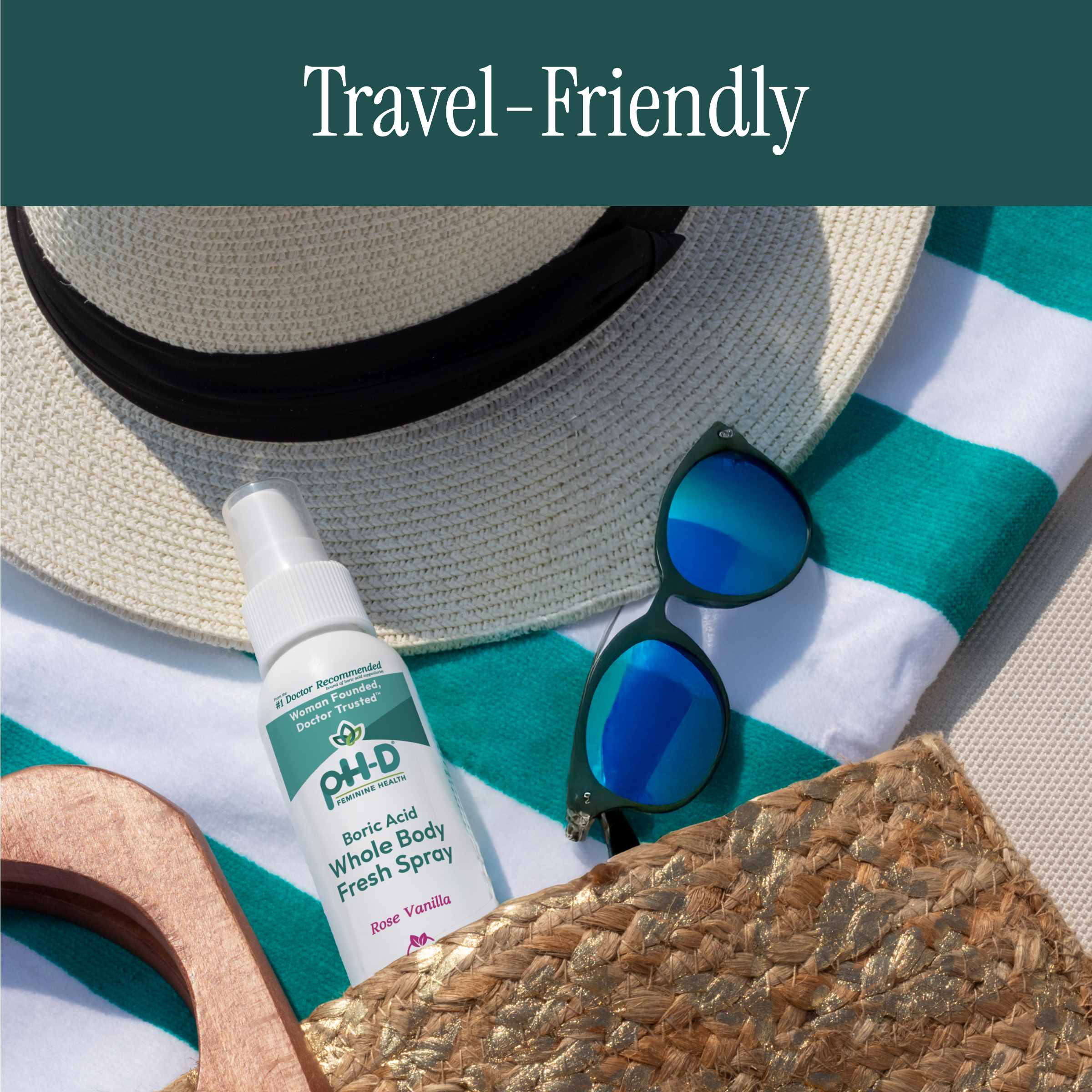 Travel-themed items including a hat, sunglasses, and a bottle of pH-D spray on a striped towel with 'Travel-Friendly' text.