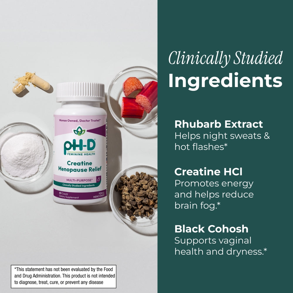 PH-D Menopause Relief supplement bottle with ingredients and text on clinically studied ingredients.