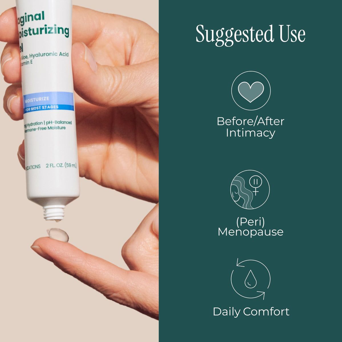 A hand holds a white tube of pH-D Feminine Health Vaginal Moisturizing Gel over another hand, with a clear gel being squeezed out. The right side has a dark teal panel with the text 'Suggested Use' and icons for 'Before/After Intimacy,' '(Peri) Menopause,' and 'Daily Comfort.
