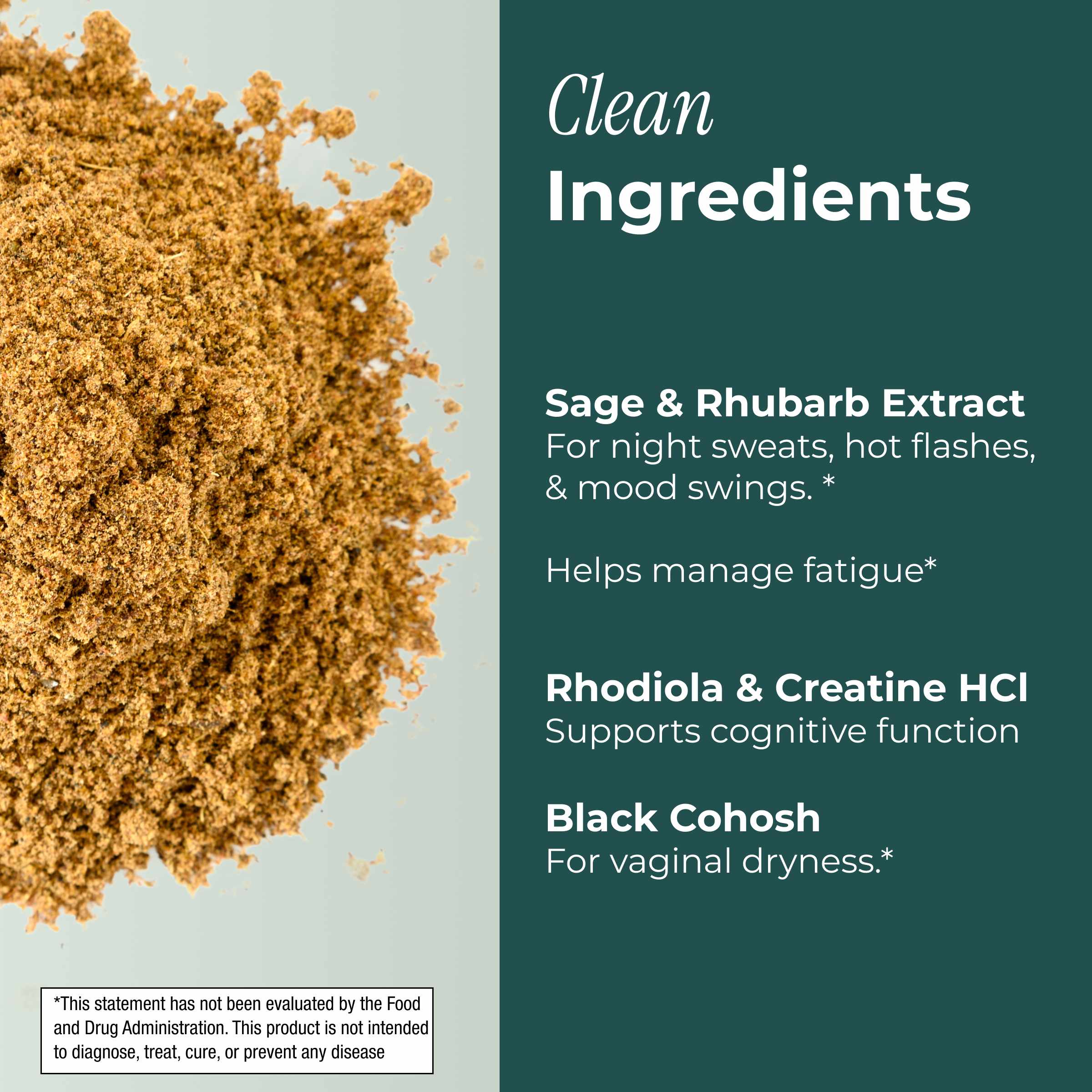 Product packaging with brown powder and text about clean ingredients on a light green background
