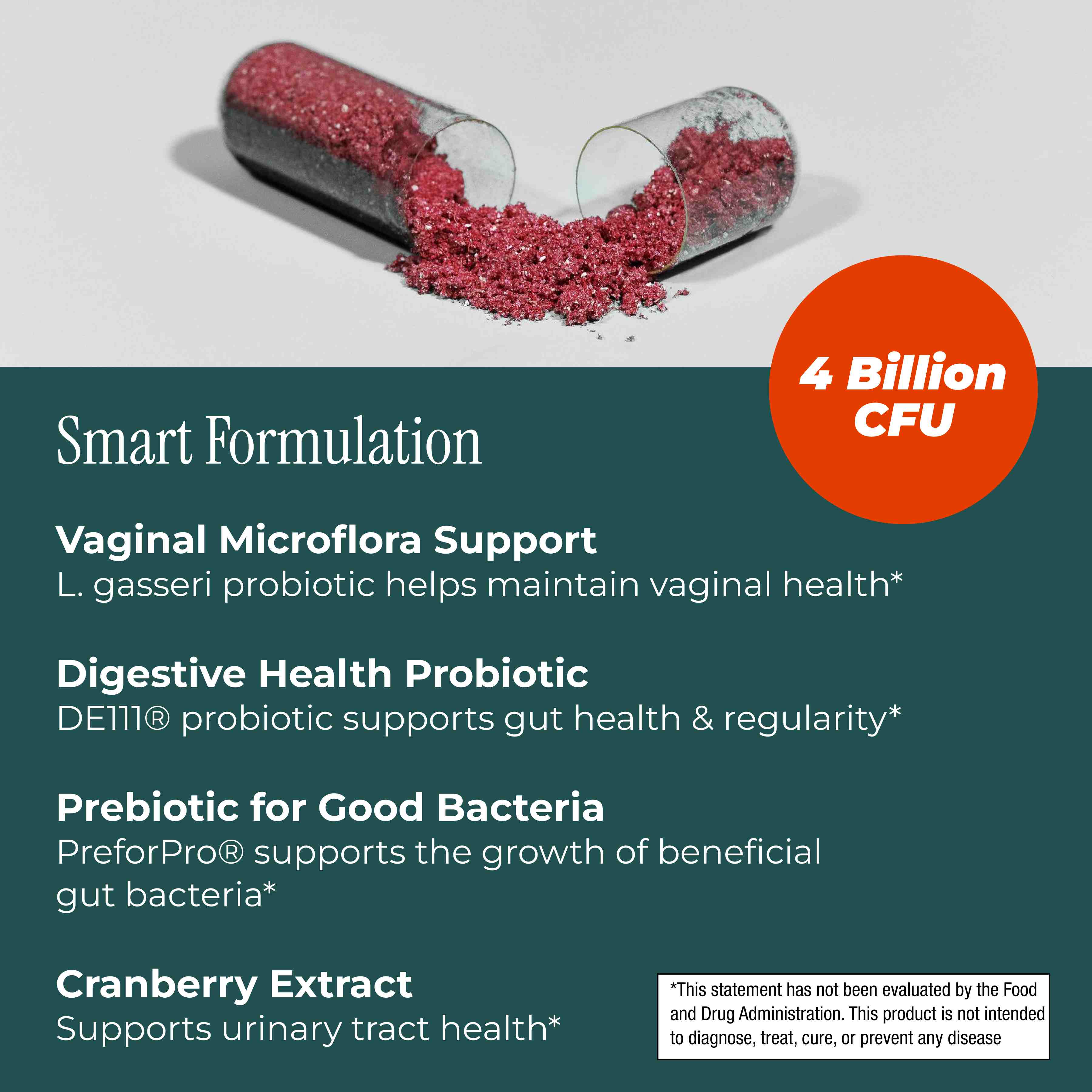 Probiotic supplement capsule with text on benefits and features on a white background