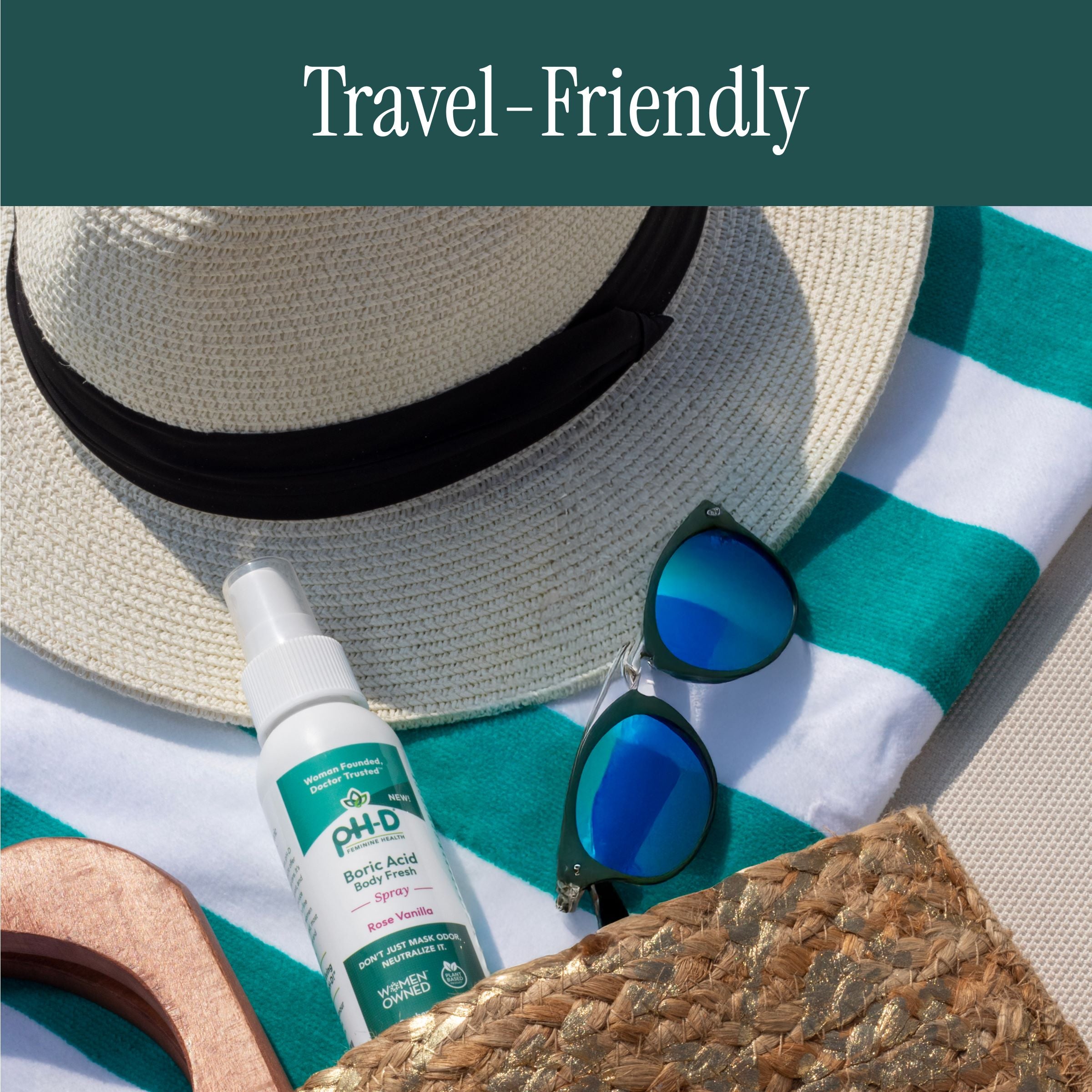 Boric acid body fresh spray with a hat and a beach towel