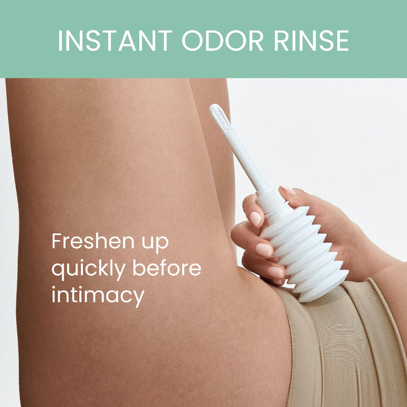 Product for instant odor rinse with text on a neutral background