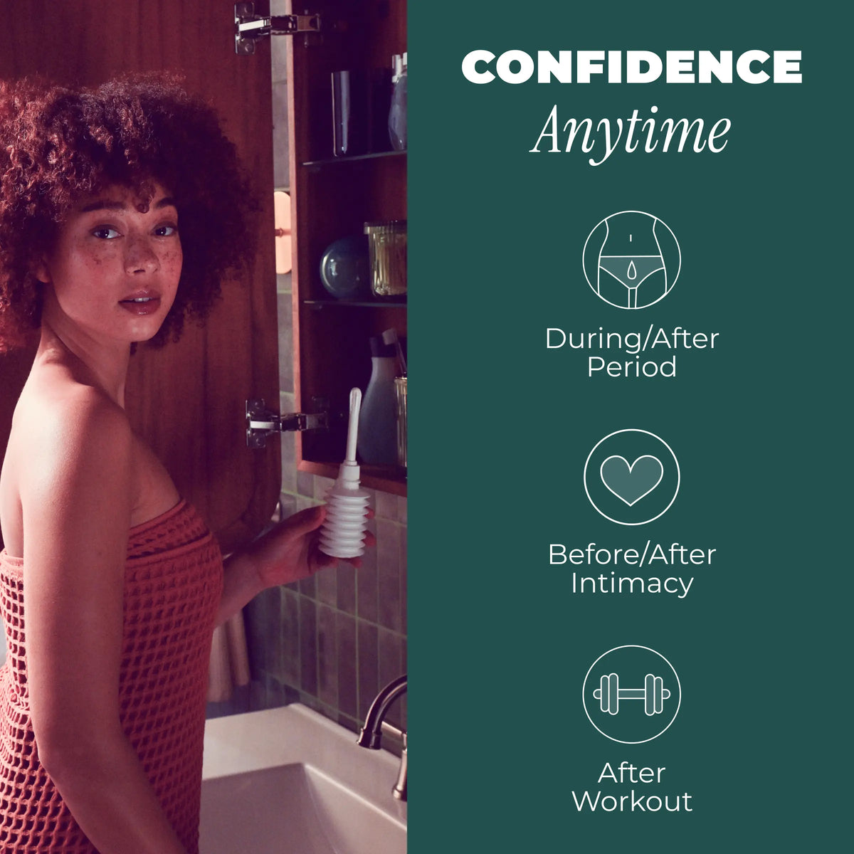 A woman in a bathroom holding pH-D Boric Acid Instant Odor Rinse, with a dark teal text panel on the right reading 'CONFIDENCE Anytime' and listing uses: During/After Period, Before/After Intimacy, and After Workout.