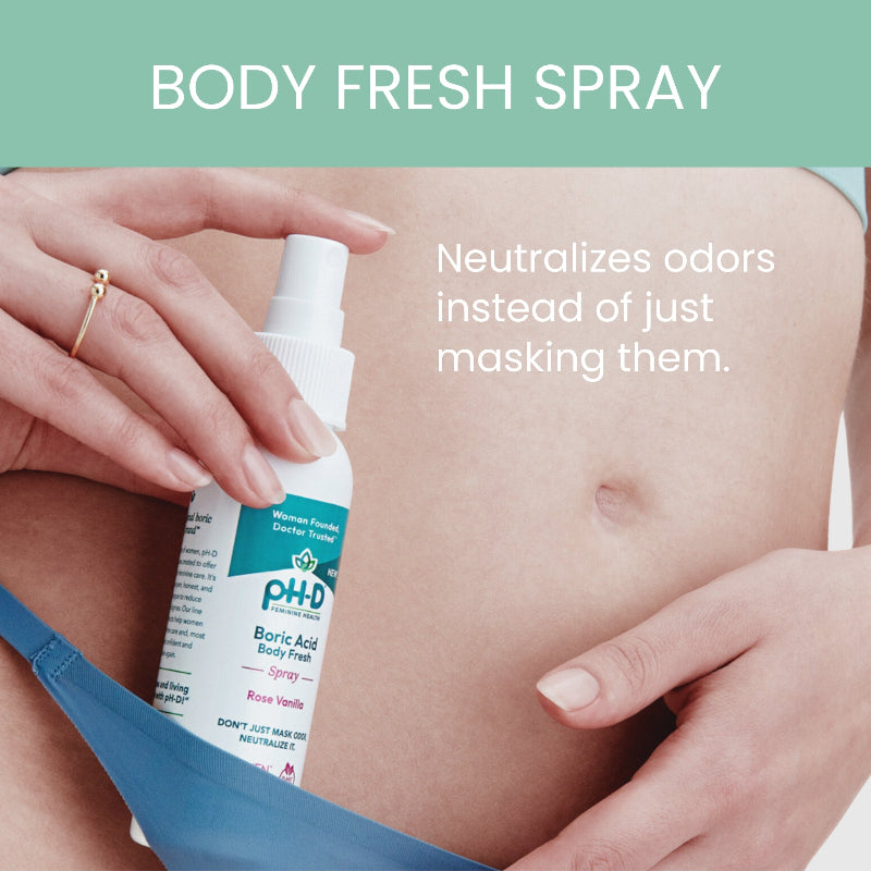 Boric acid body fresh spray being applied to a person's skin with text highlighting its odor-neutralizing properties.