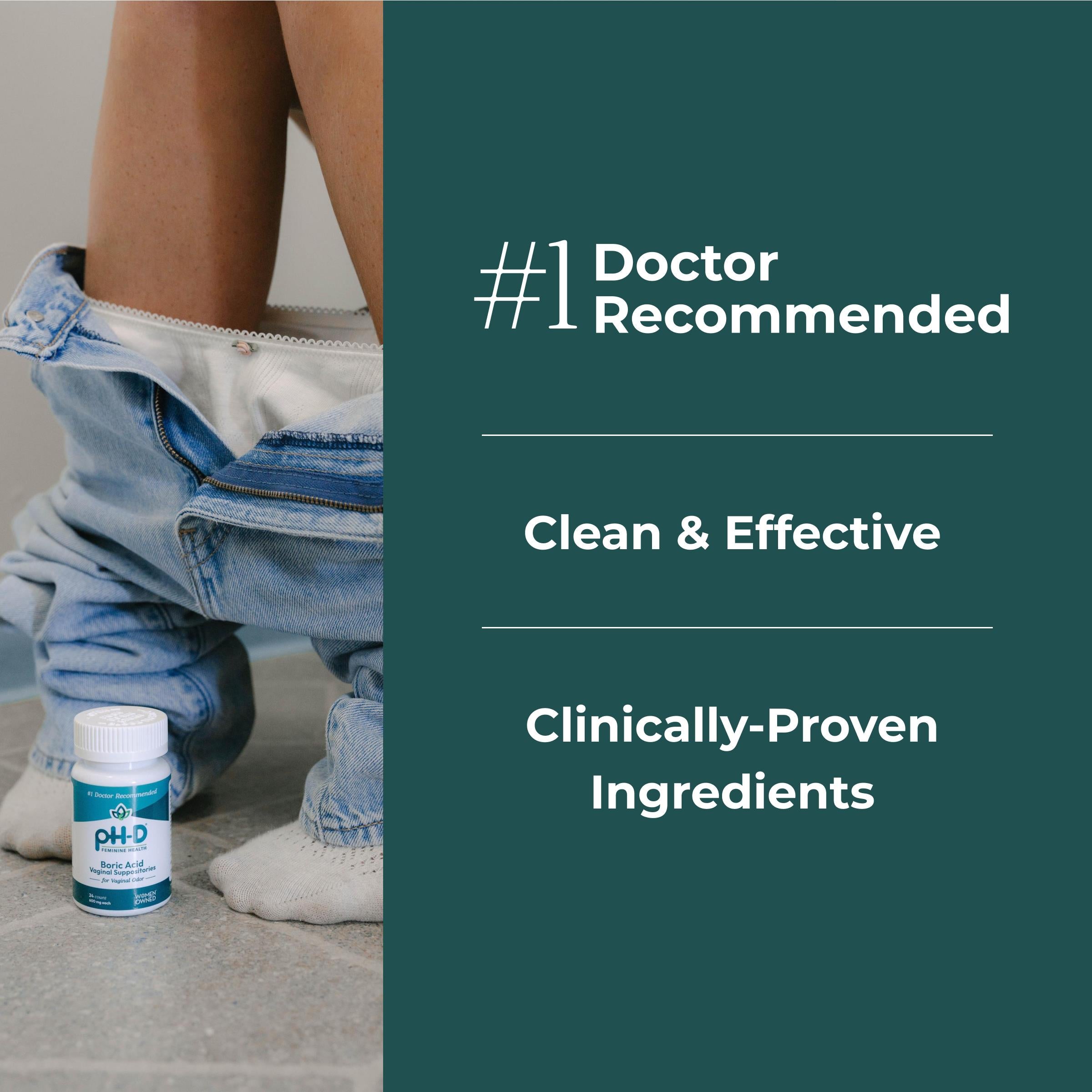 Person wearing ripped jeans with a bottle of product and text about doctor recommendation, effectiveness, and ingredients on a green background.