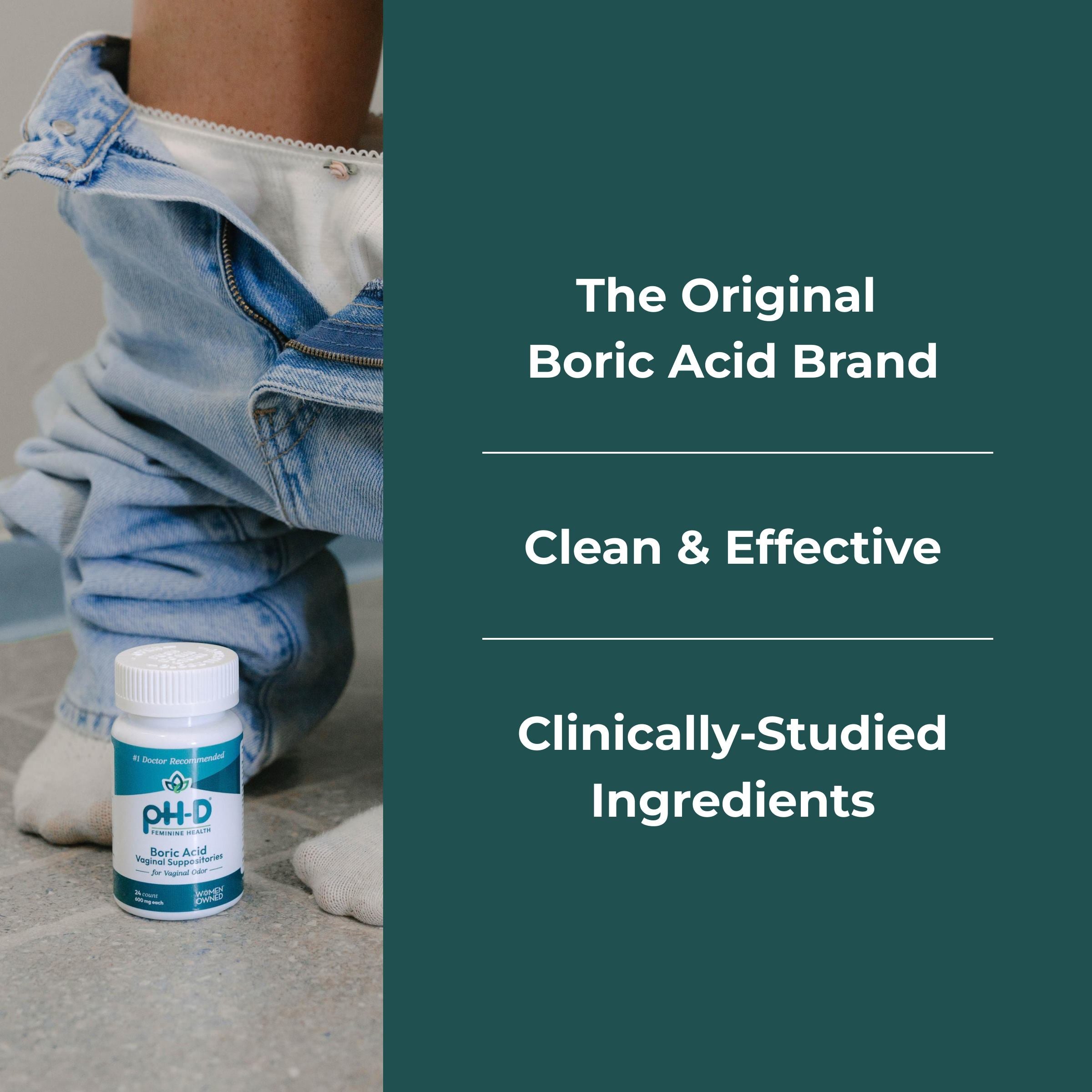 Bottle of PHD Boric Acid on a gray surface with text about the brand and its effectiveness.
